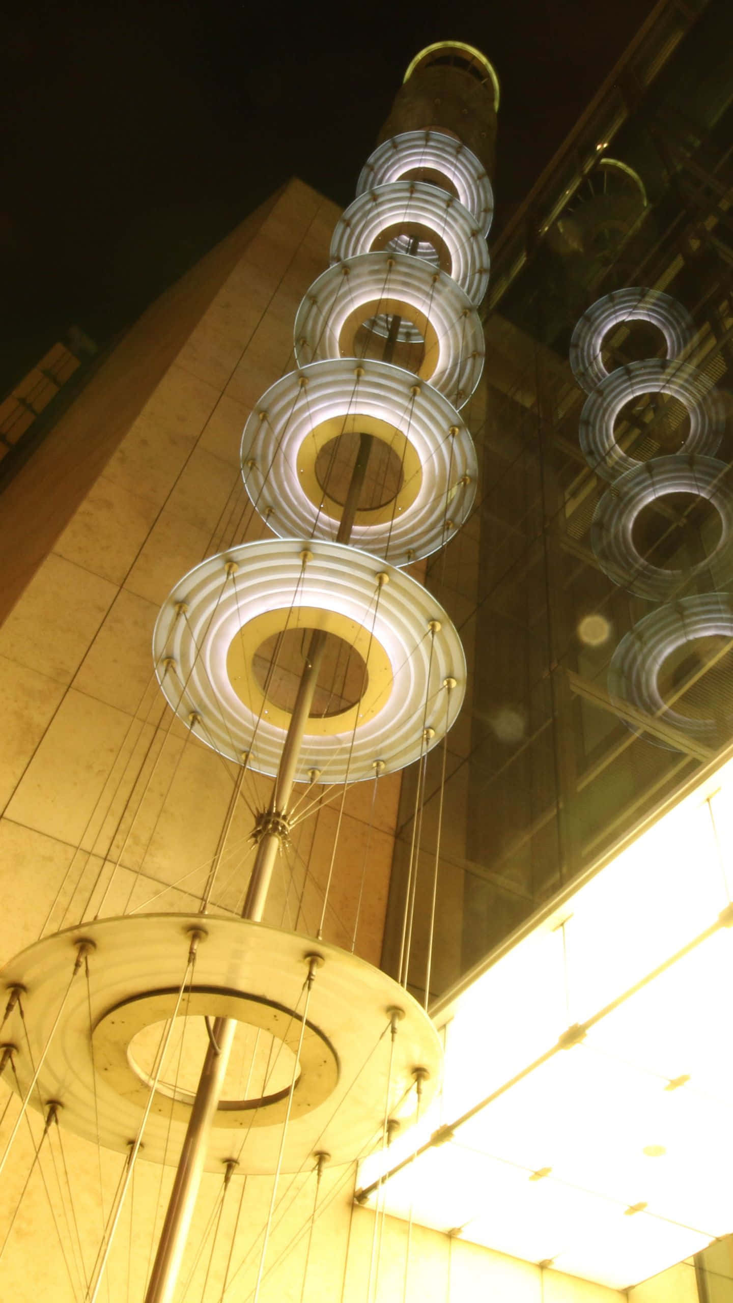 1440x1080, glowing rings, dark urban building facade, 2K Phone Wallpaper
