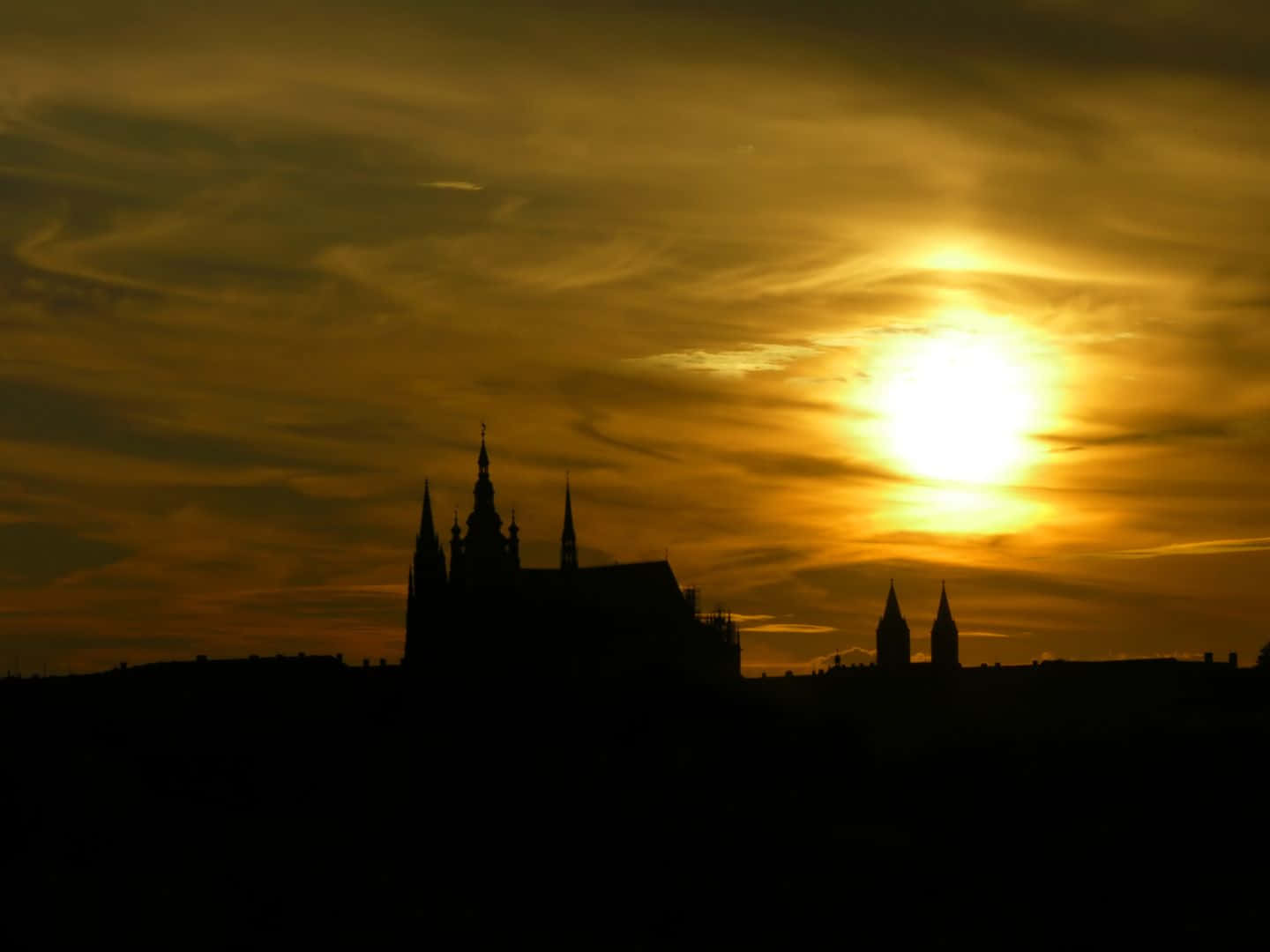 1440x1080, castle silhouette, fiery golden sunset, HD Desktop Wallpaper