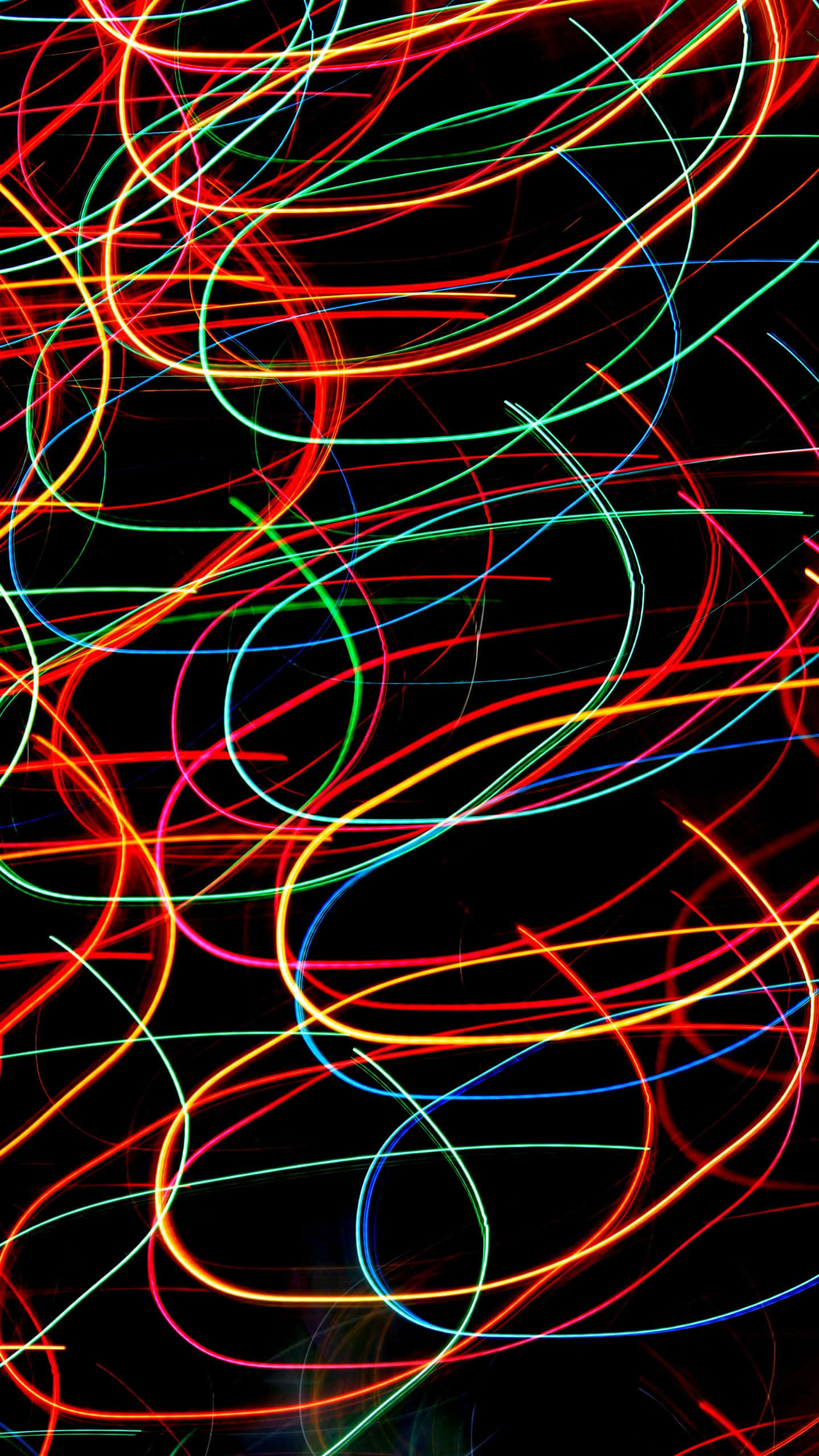 neon light trails, pitch black background, dynamic abstract composition, 2K Phone Wallpaper