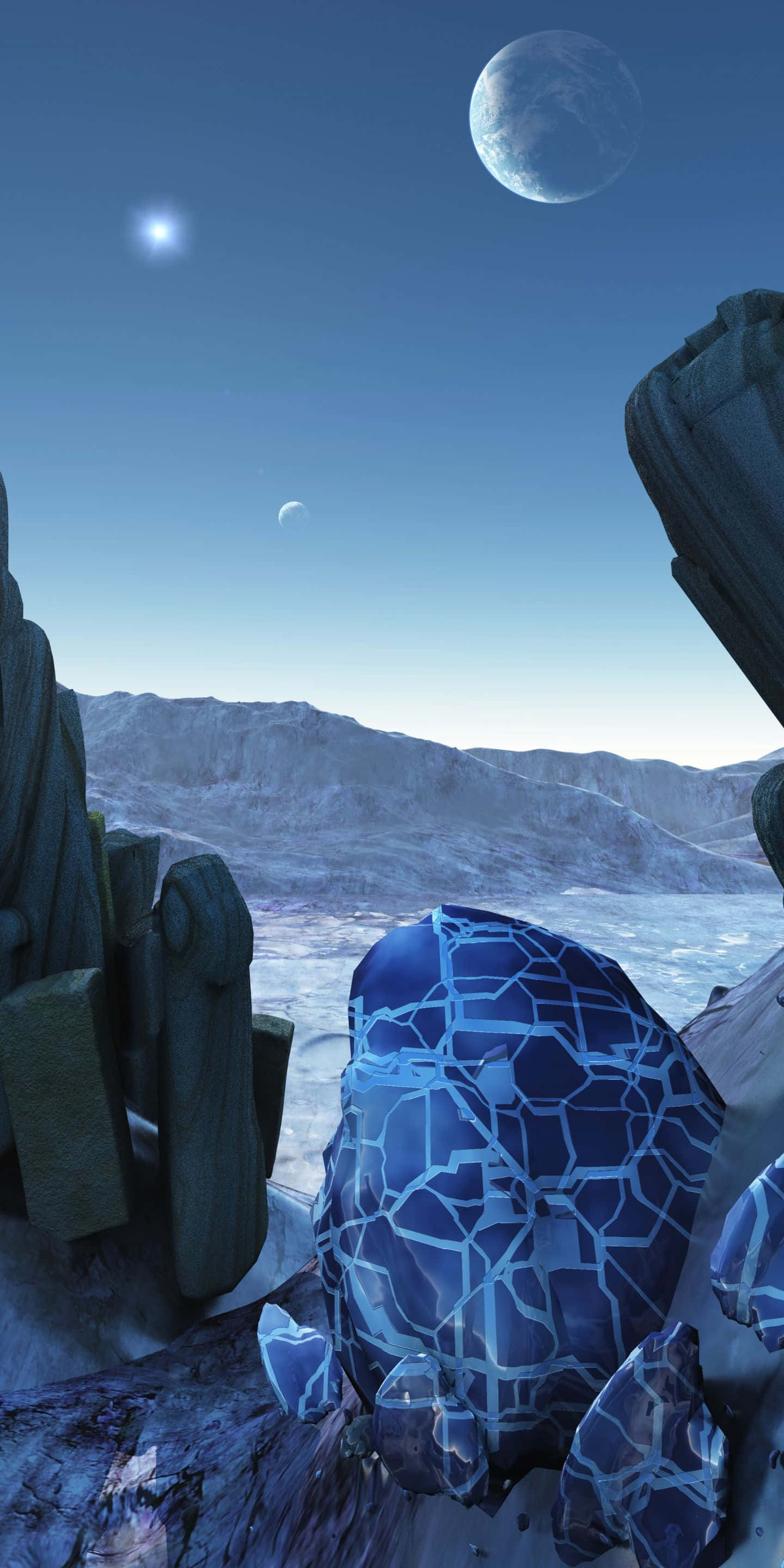 1440x2880, cracked blue crystal, rocky alien landscape, 2K Phone Wallpaper