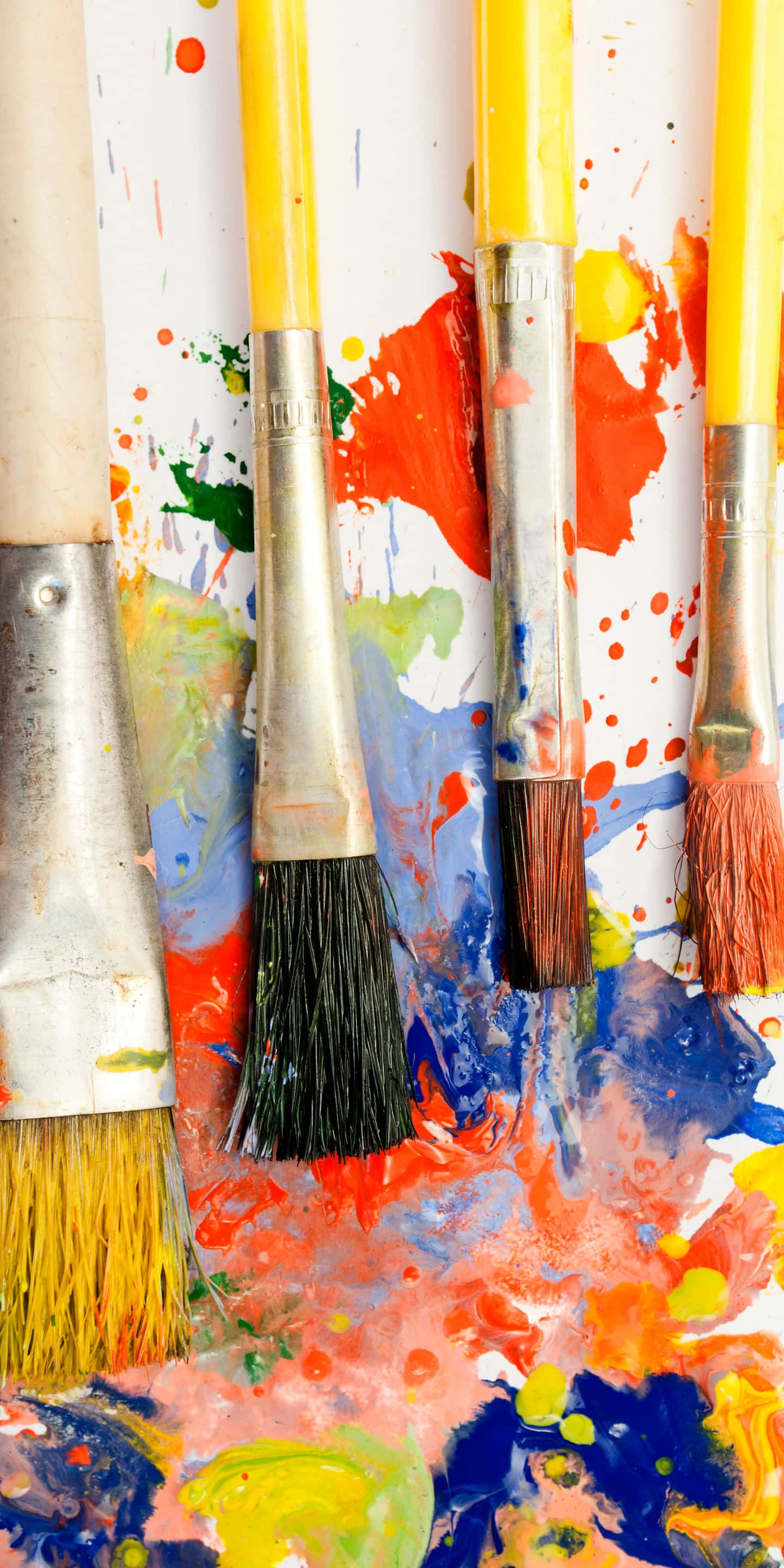 yellow paint brush, white canvas, vibrant paint splatters, 2K Phone Wallpaper