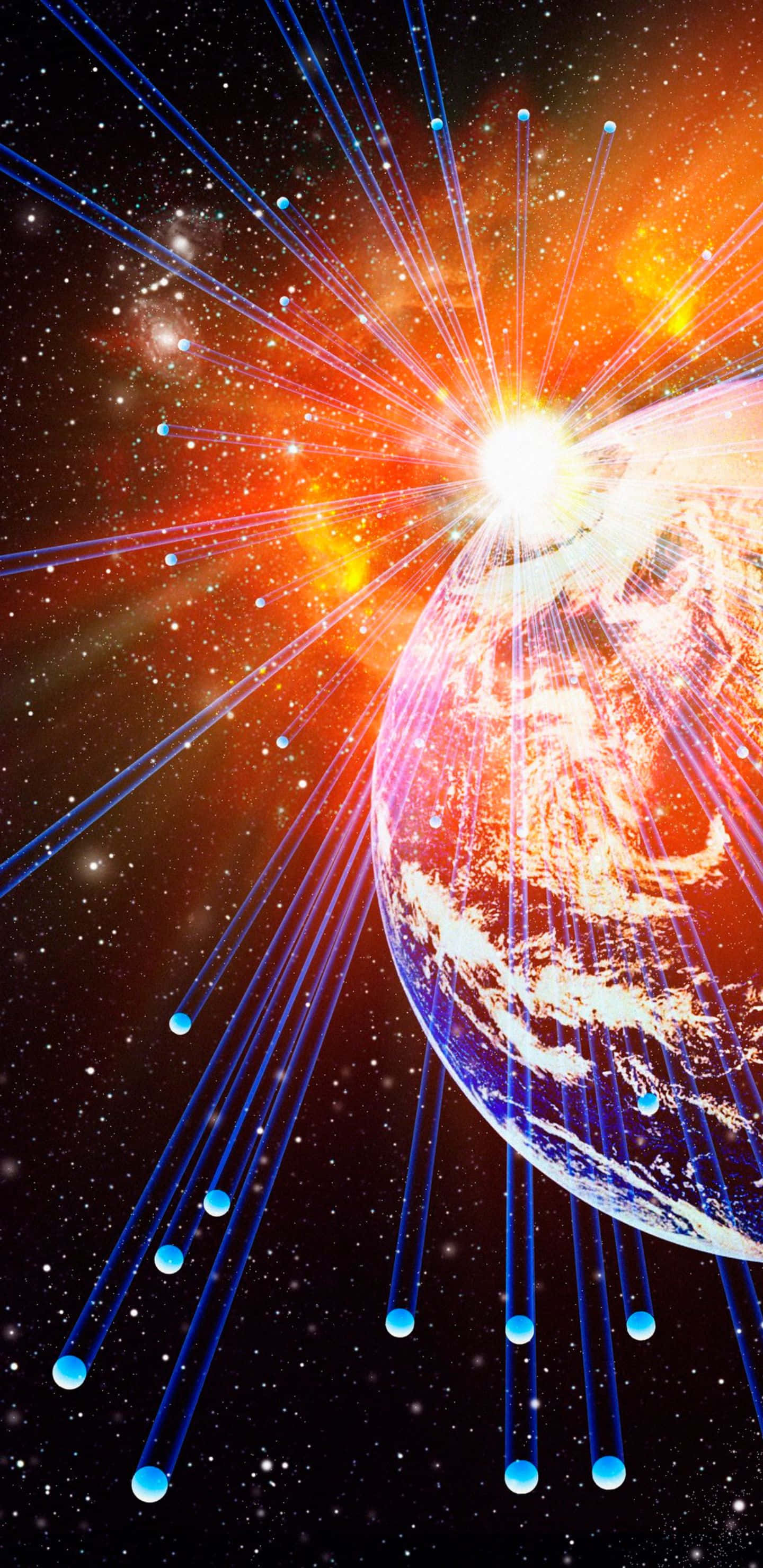 1440x2960, glowing planet, blue energy beams, 2K Phone Wallpaper