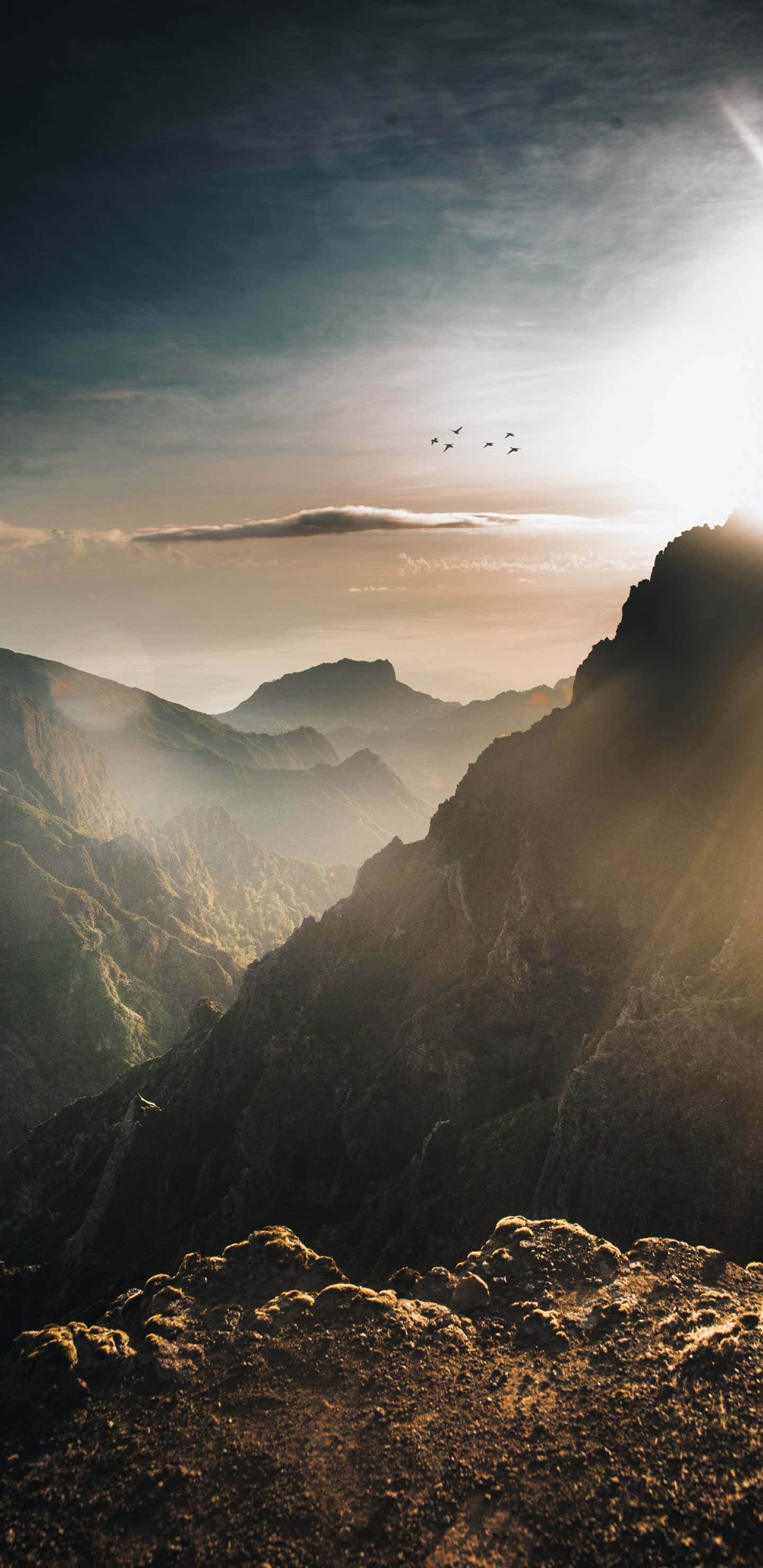 Sunlight, clouds, rugged mountain peaks, 2K Phone Wallpaper
