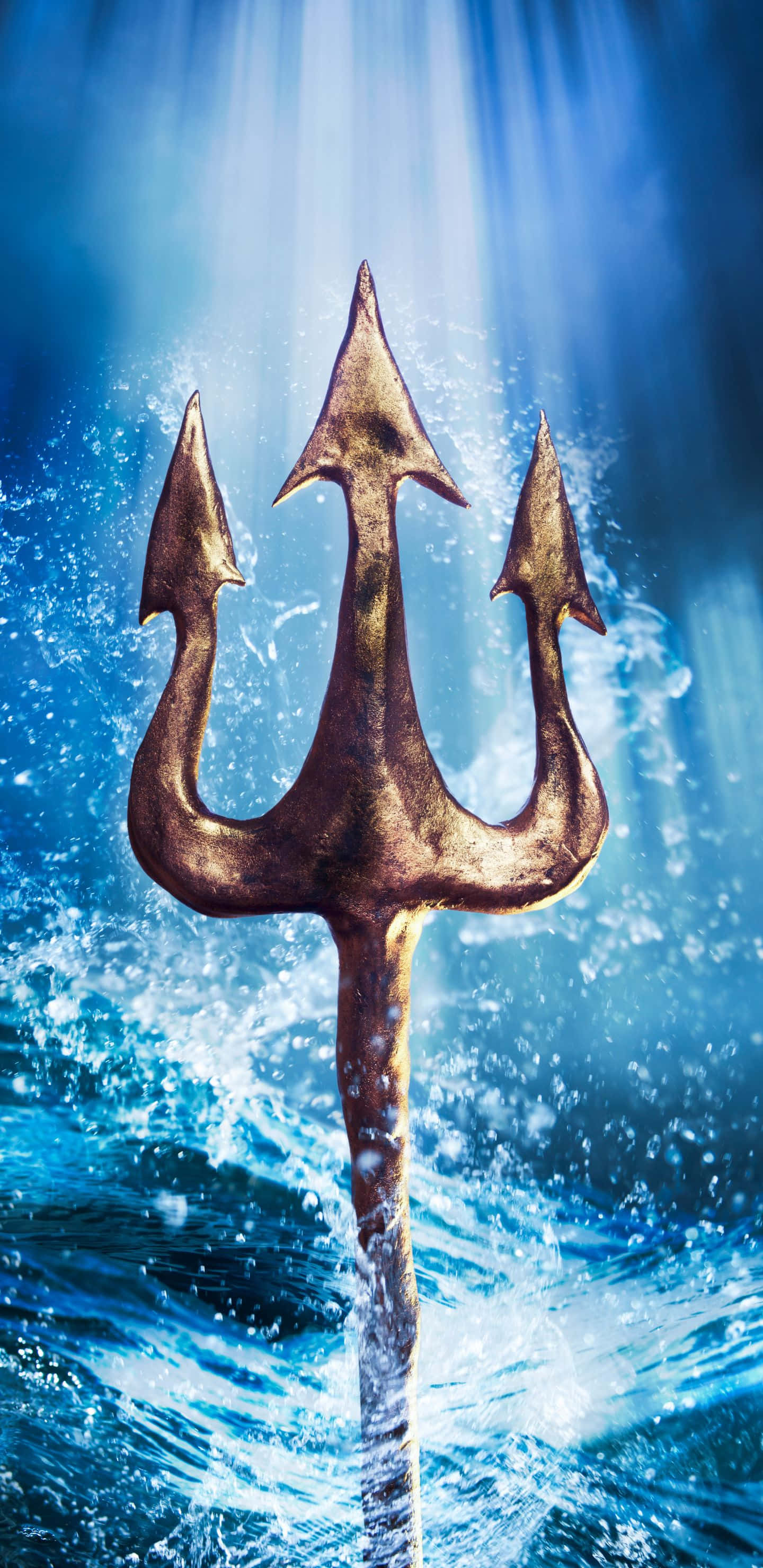 1440x2960, golden trident, turbulent blue ocean waves, 2K Phone Wallpaper