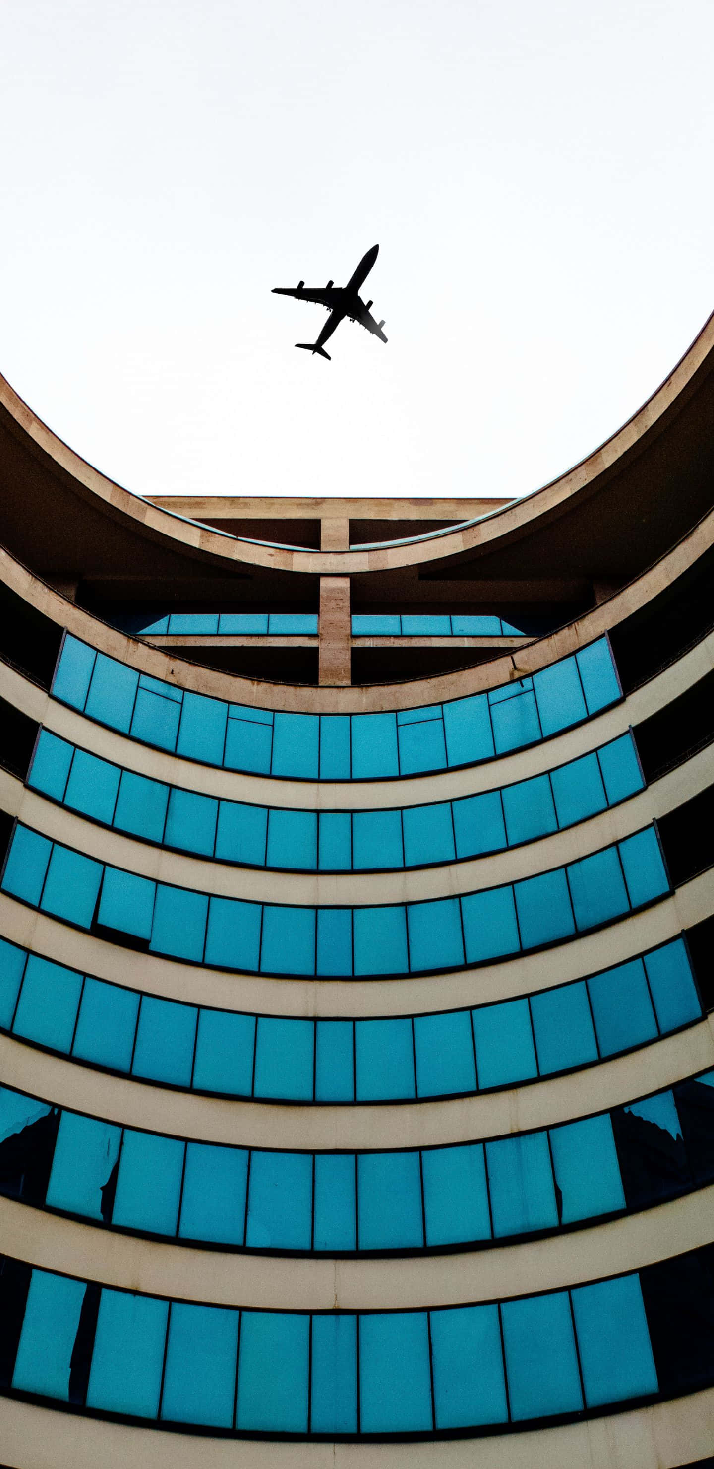 1440x2960, airplane silhouette, modern curved building, 2K Phone Wallpaper