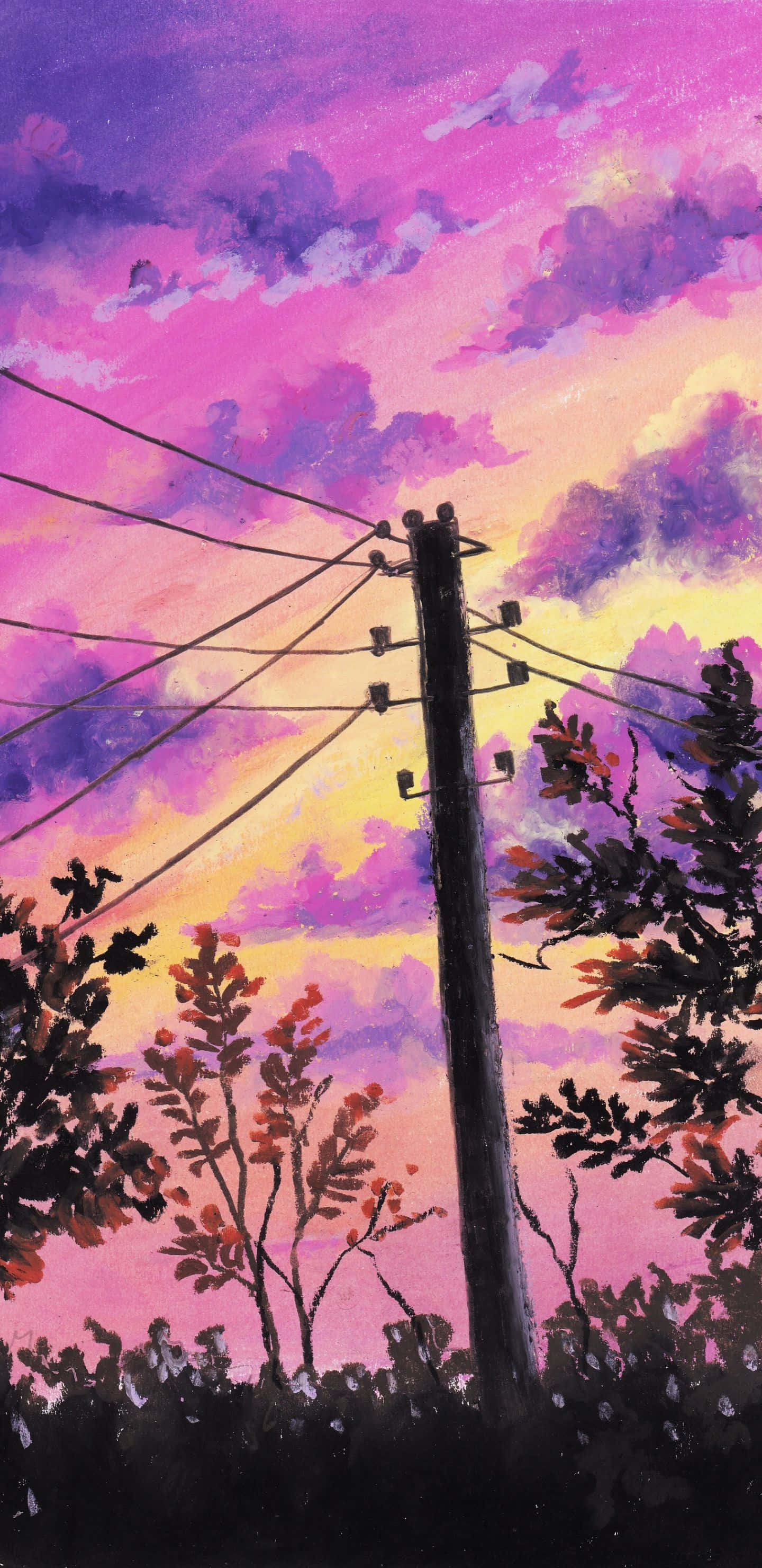 1440x2960, vibrant purple and yellow sunset, wooden utility pole, 2K Phone Wallpaper