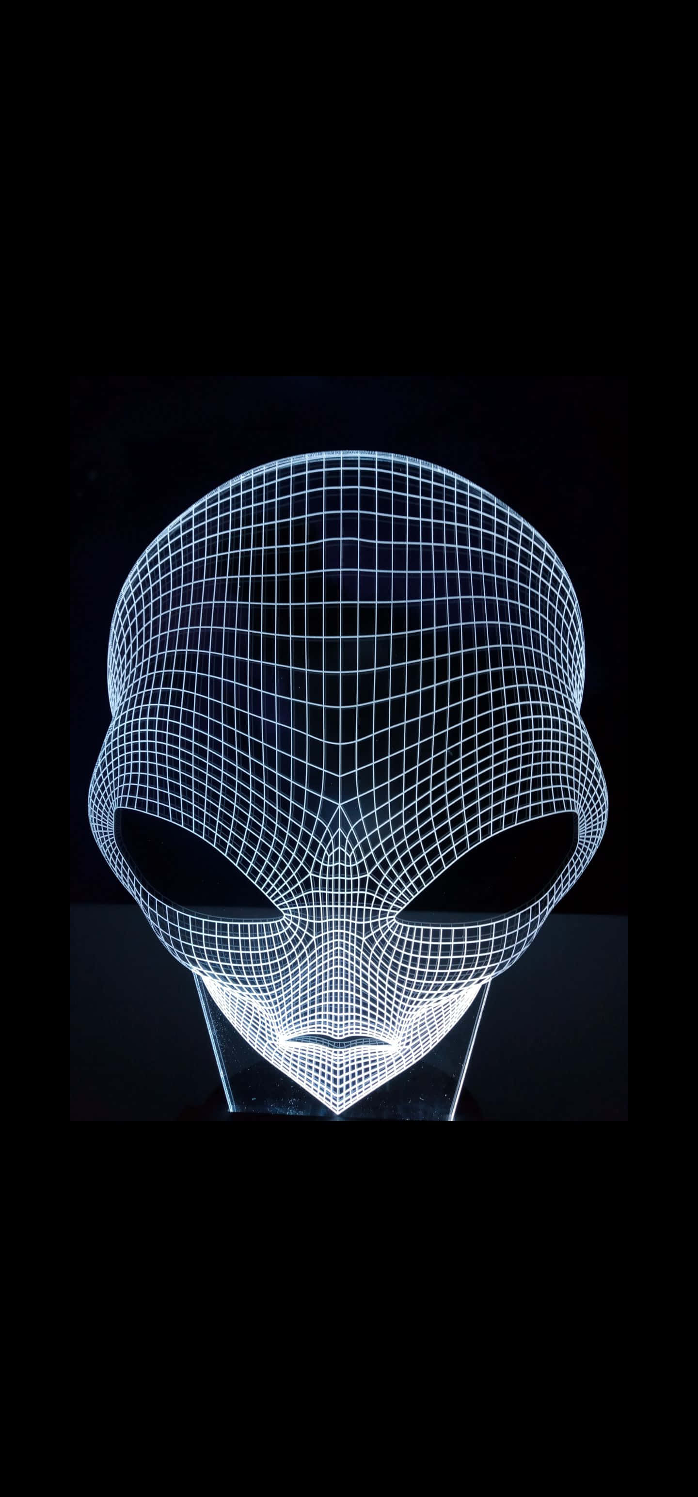 1440x3088, glowing white wireframe alien head, large black eye sockets, 2K Phone Wallpaper