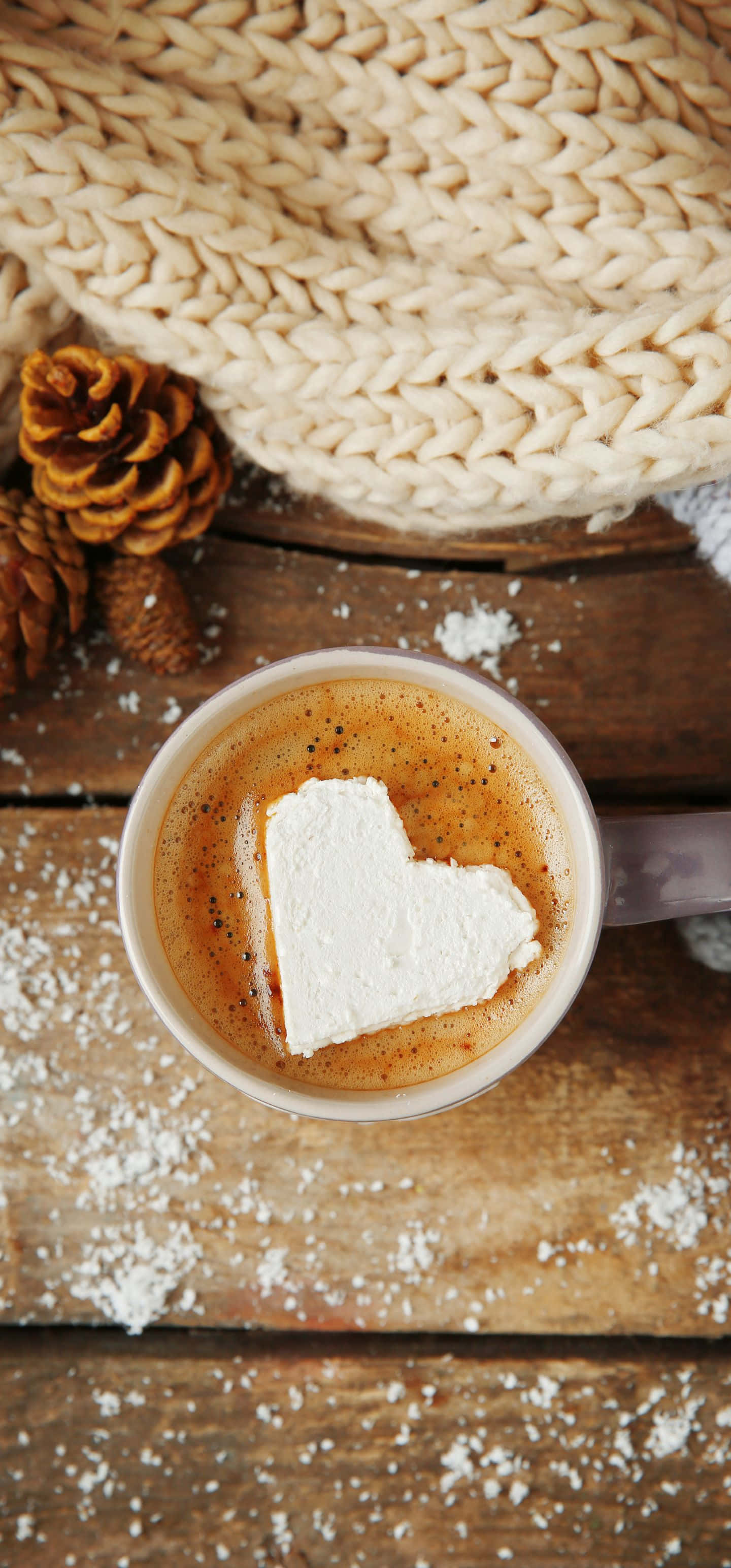 1440x3088, cup of hot chocolate, heart-shaped marshmallow, 2K Phone Wallpaper