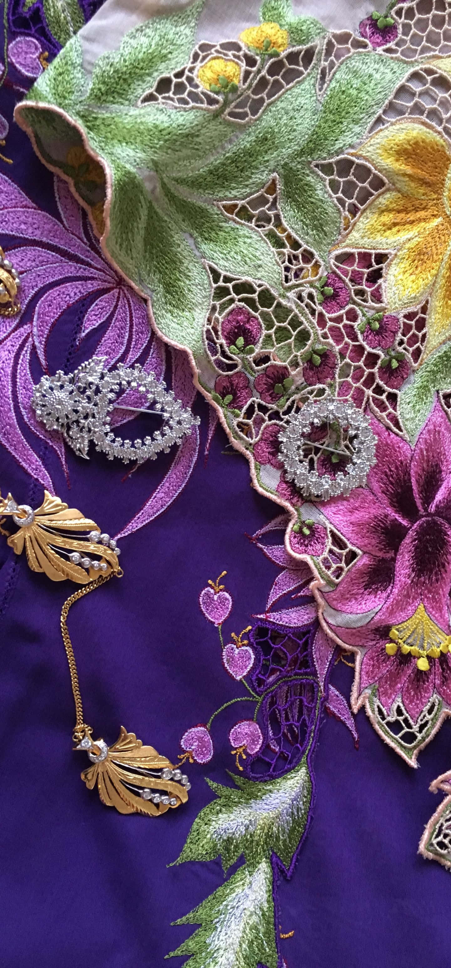 1440x3088, purple fabric, green yellow floral embroidery, 2K Phone Wallpaper