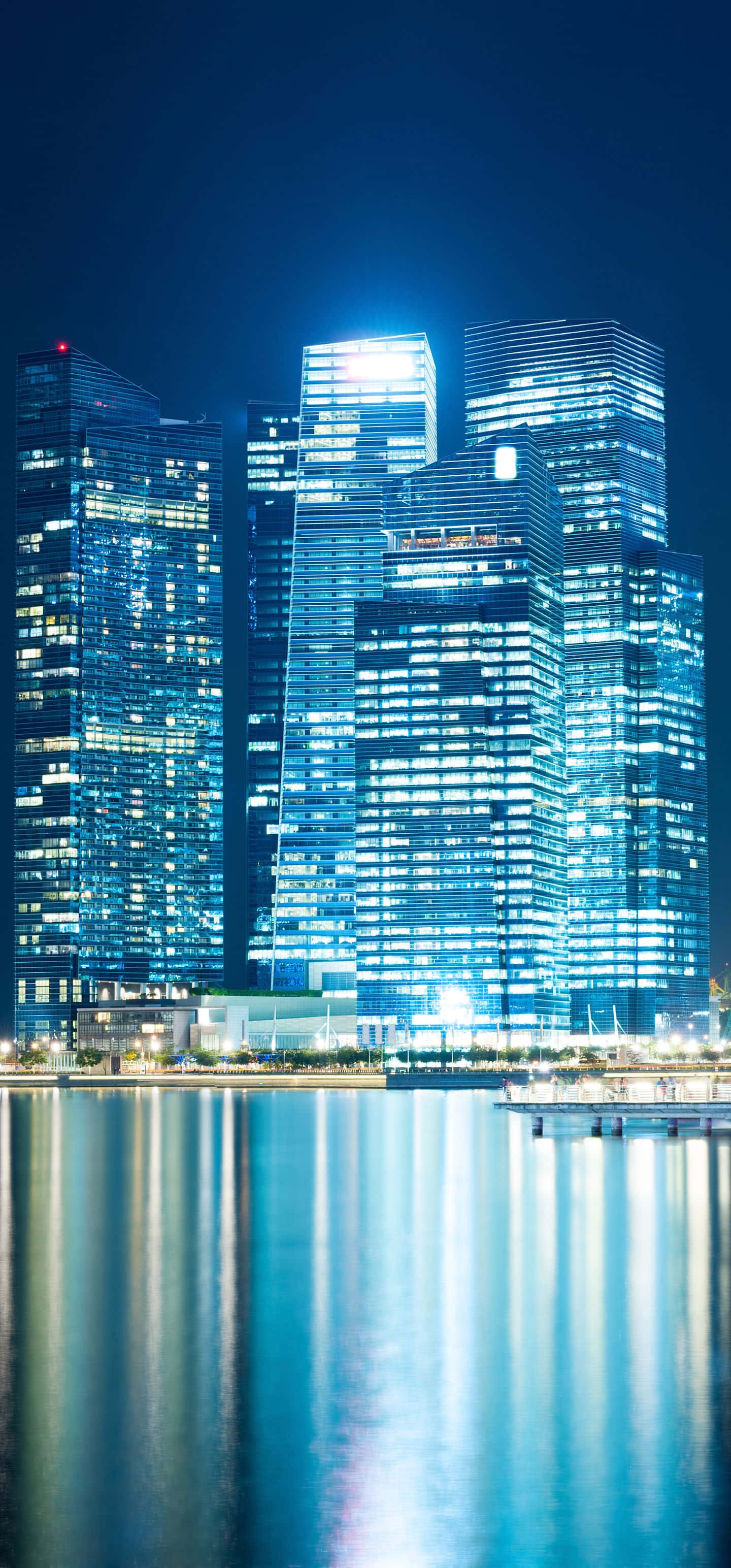 1440x3088, glass skyscrapers, blue lights, 2K Phone Wallpaper
