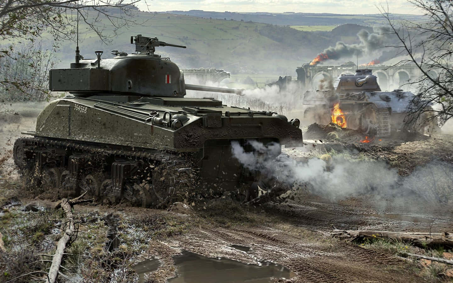 tank, muddy terrain, burning tank, HD Desktop Wallpaper