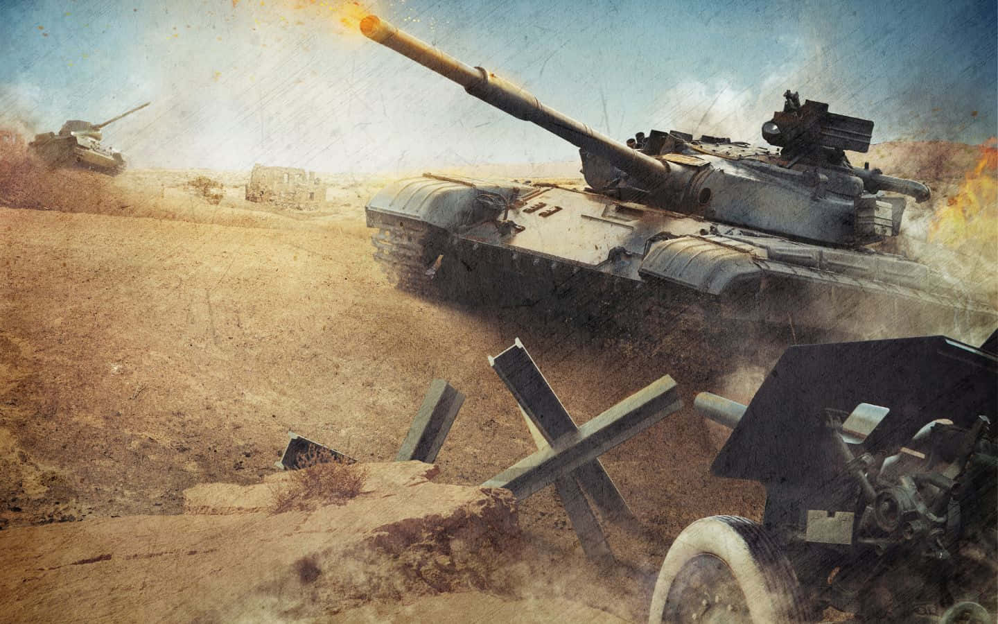battle tank, dusty battlefield, explosions, HD Desktop Wallpaper