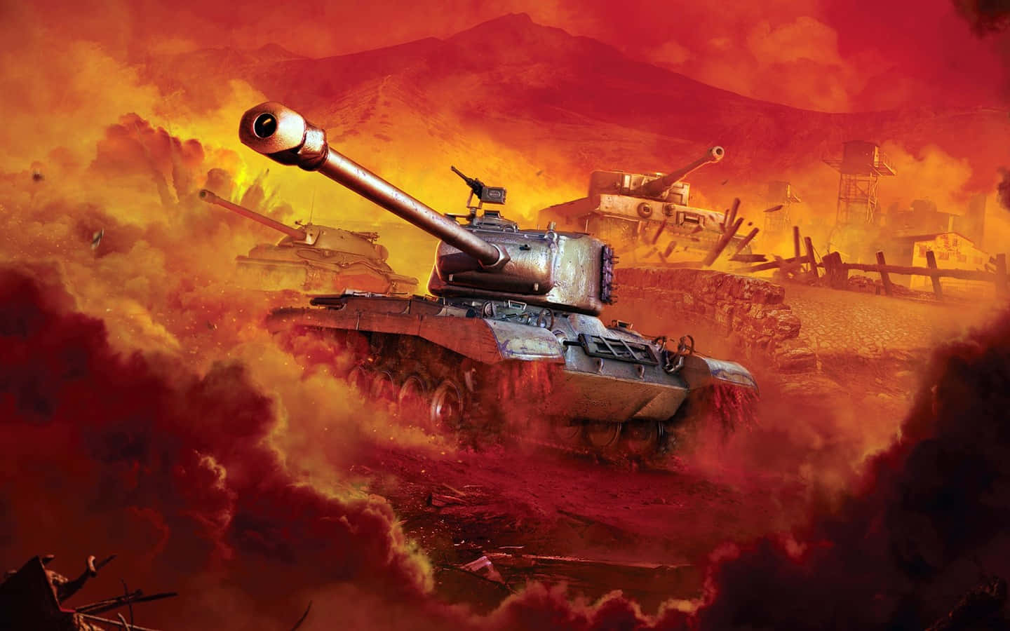 battle tank, fiery smoke, war-torn desert landscape, HD Desktop Wallpaper