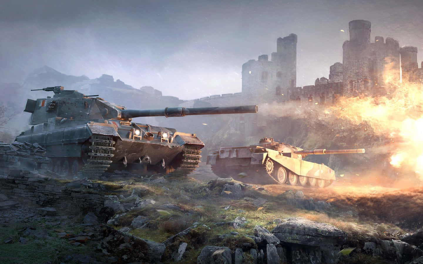 battlefield, crumbling castle, fiery explosion, HD Desktop Wallpaper