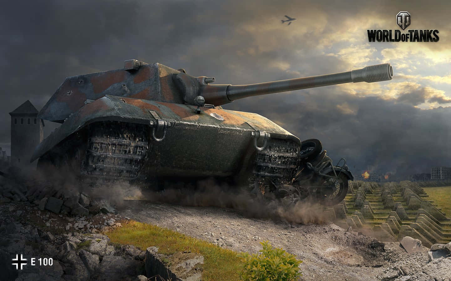 camouflaged tank, rubble, smoke, HD Desktop Wallpaper