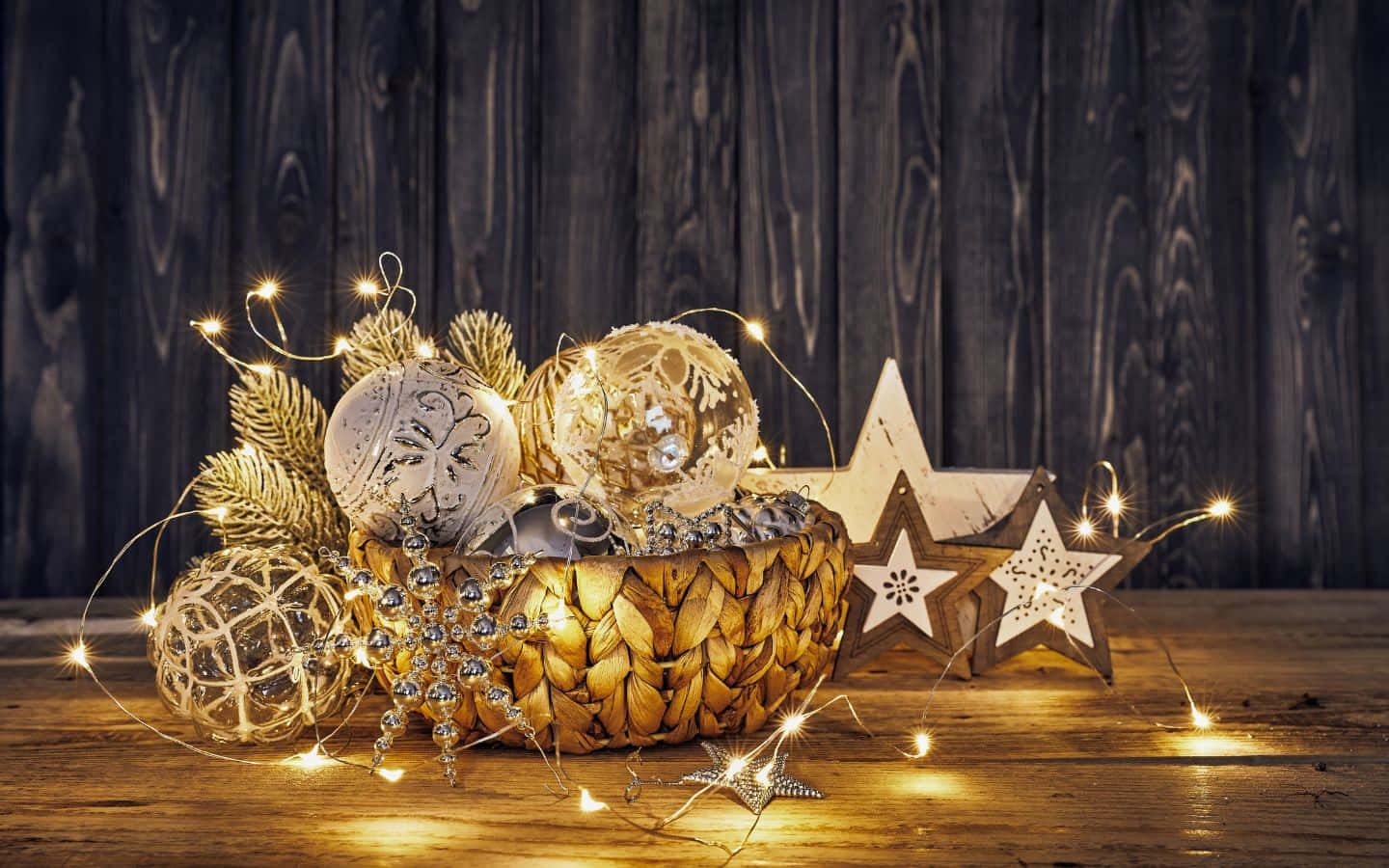 golden holiday ornaments, star decorations, twinkling fairy lights, HD Desktop Wallpaper