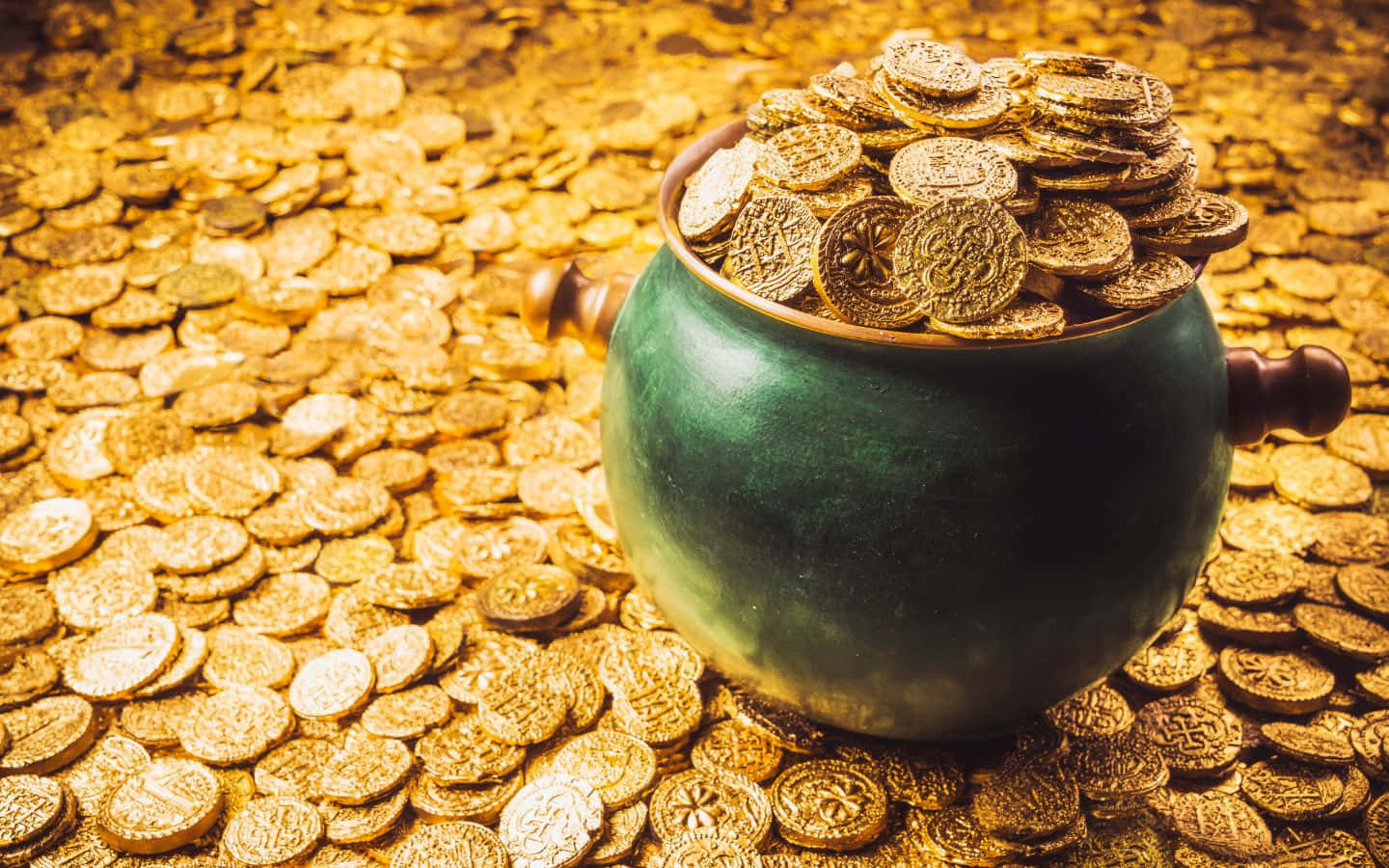 green cauldron, golden coins, sea of scattered gold coins, HD Desktop Wallpaper