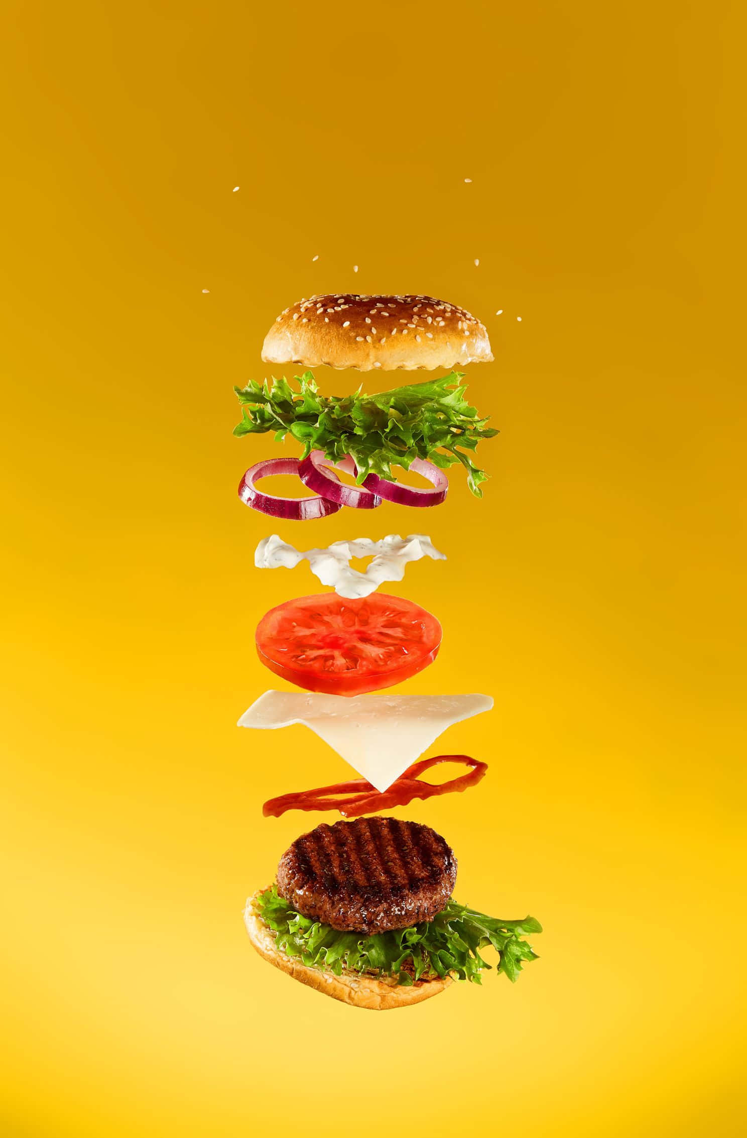 1488x2266, vibrant yellow background, deconstructed burger, Full HD Phone Wallpaper