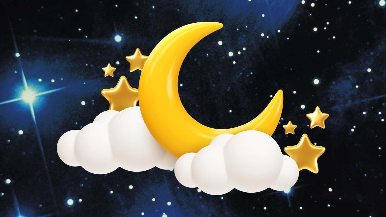 glowing yellow crescent moon, fluffy white clouds, sparkling golden stars, HD Desktop Wallpaper