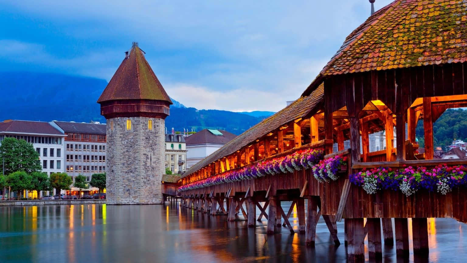 1536x864, wooden covered bridge, colorful flowers, HD Desktop Wallpaper
