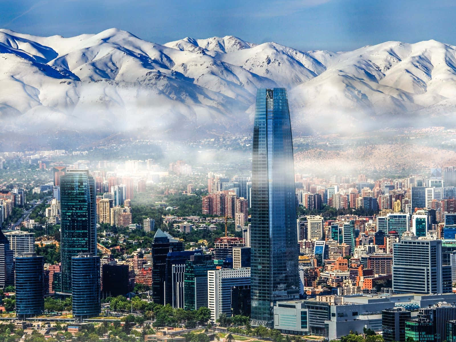 1600x1200, glass skyscrapers, snow-capped mountains, HD Desktop Wallpaper