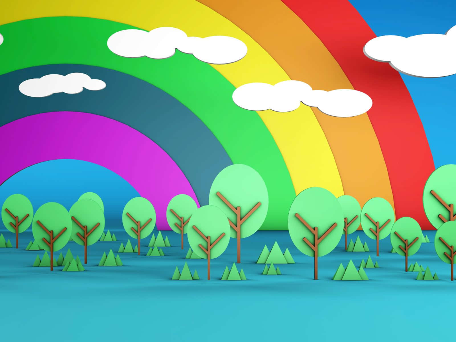 1600x1200, rainbow, green paper-cut trees, HD Desktop Wallpaper