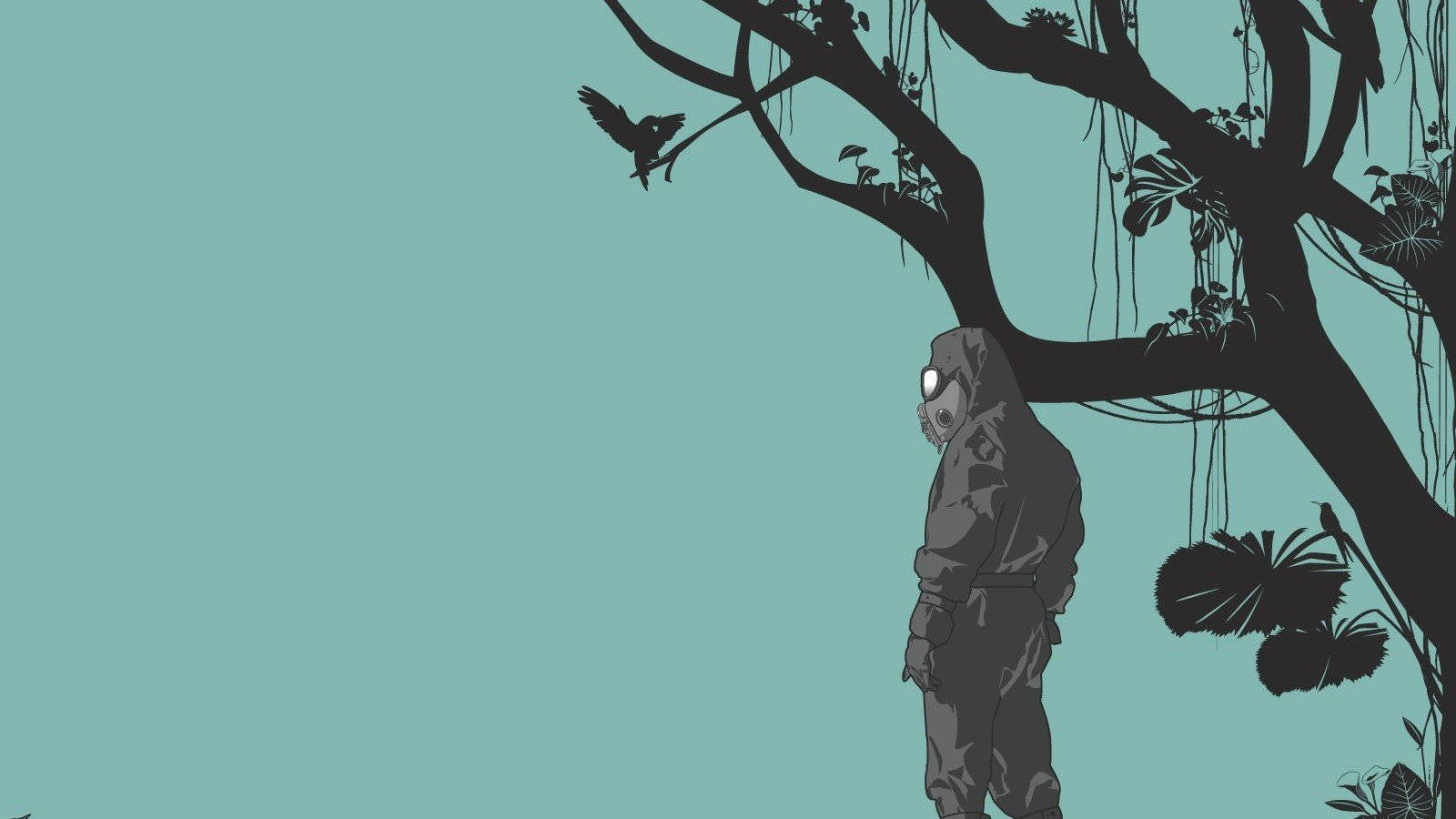 hazmat illustration, gas mask, sprawling tree, HD Desktop Wallpaper