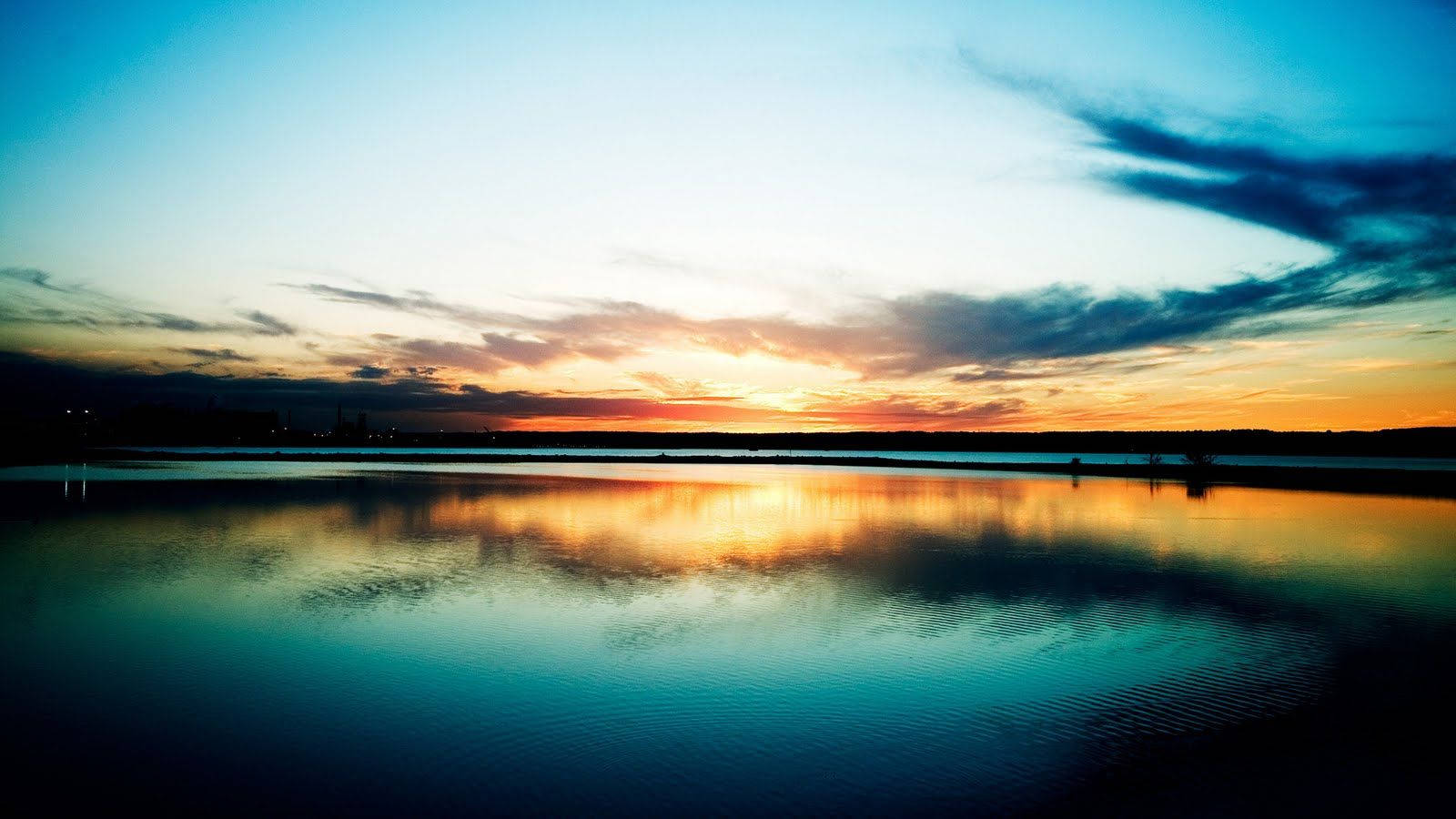 dark blue sunset horizon, calm lake, fiery orange, HD Desktop Wallpaper