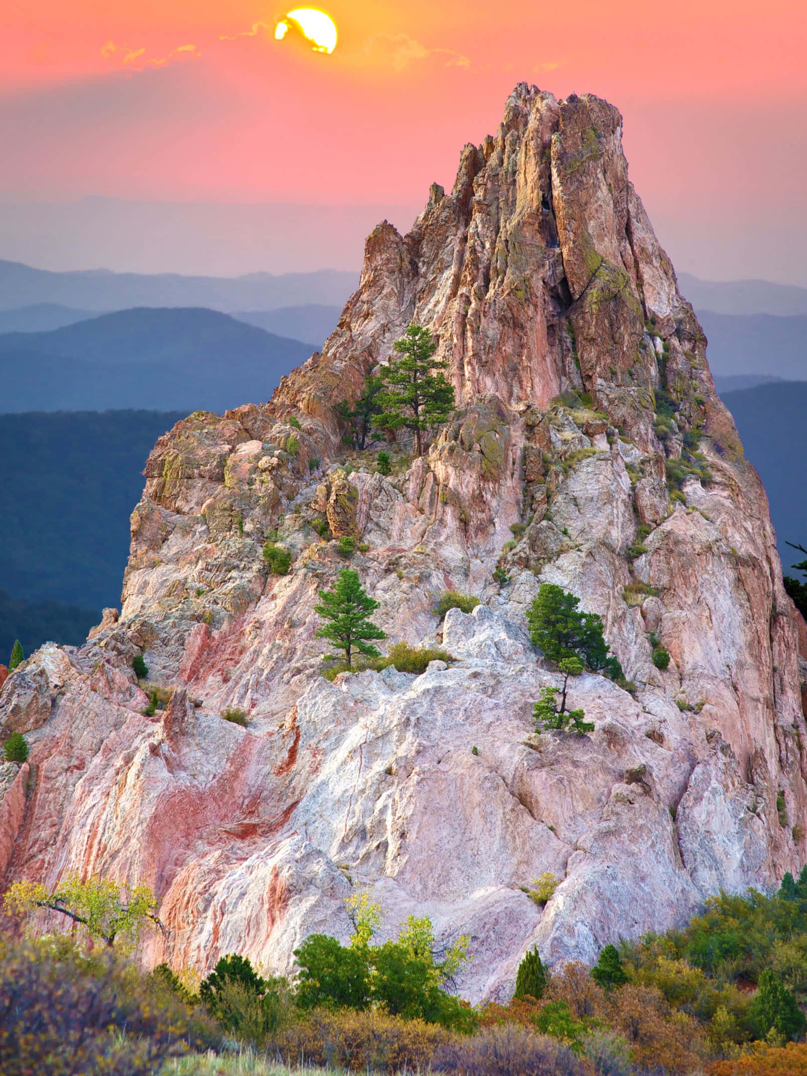 sunset, pink and white rock formation, glowing sun, Full HD Phone Wallpaper