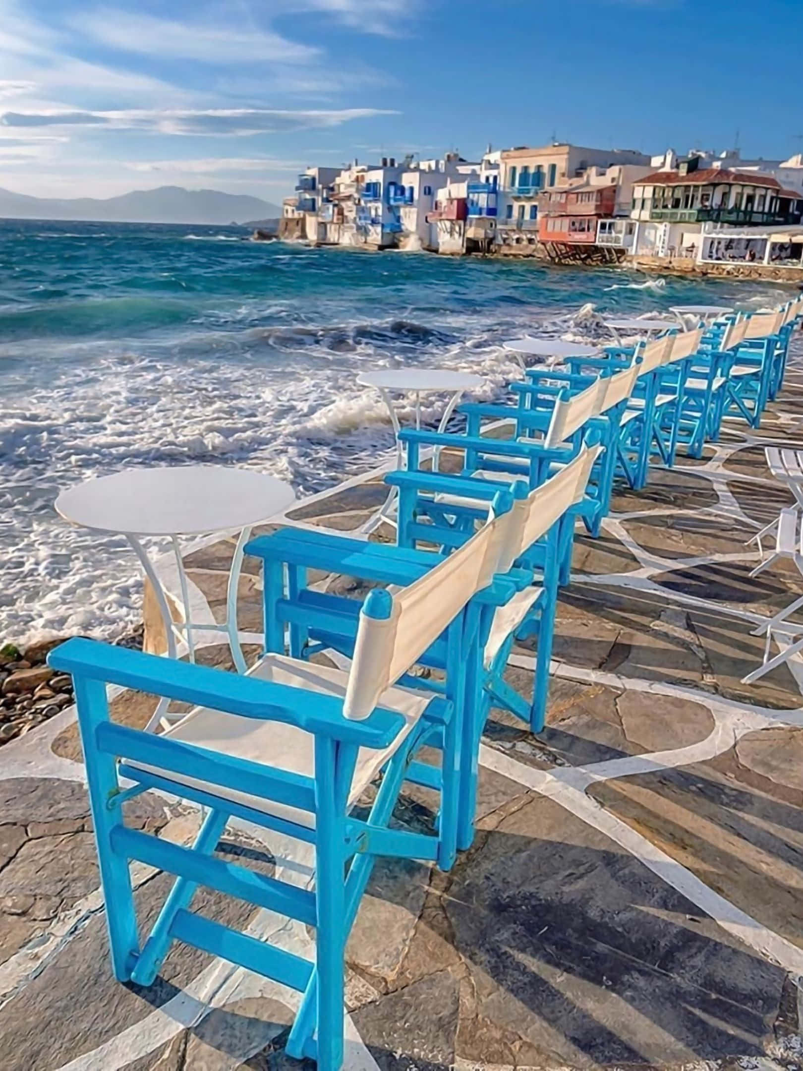 1620x2160, vibrant blue chairs, stone seaside patio, Full HD Phone Wallpaper