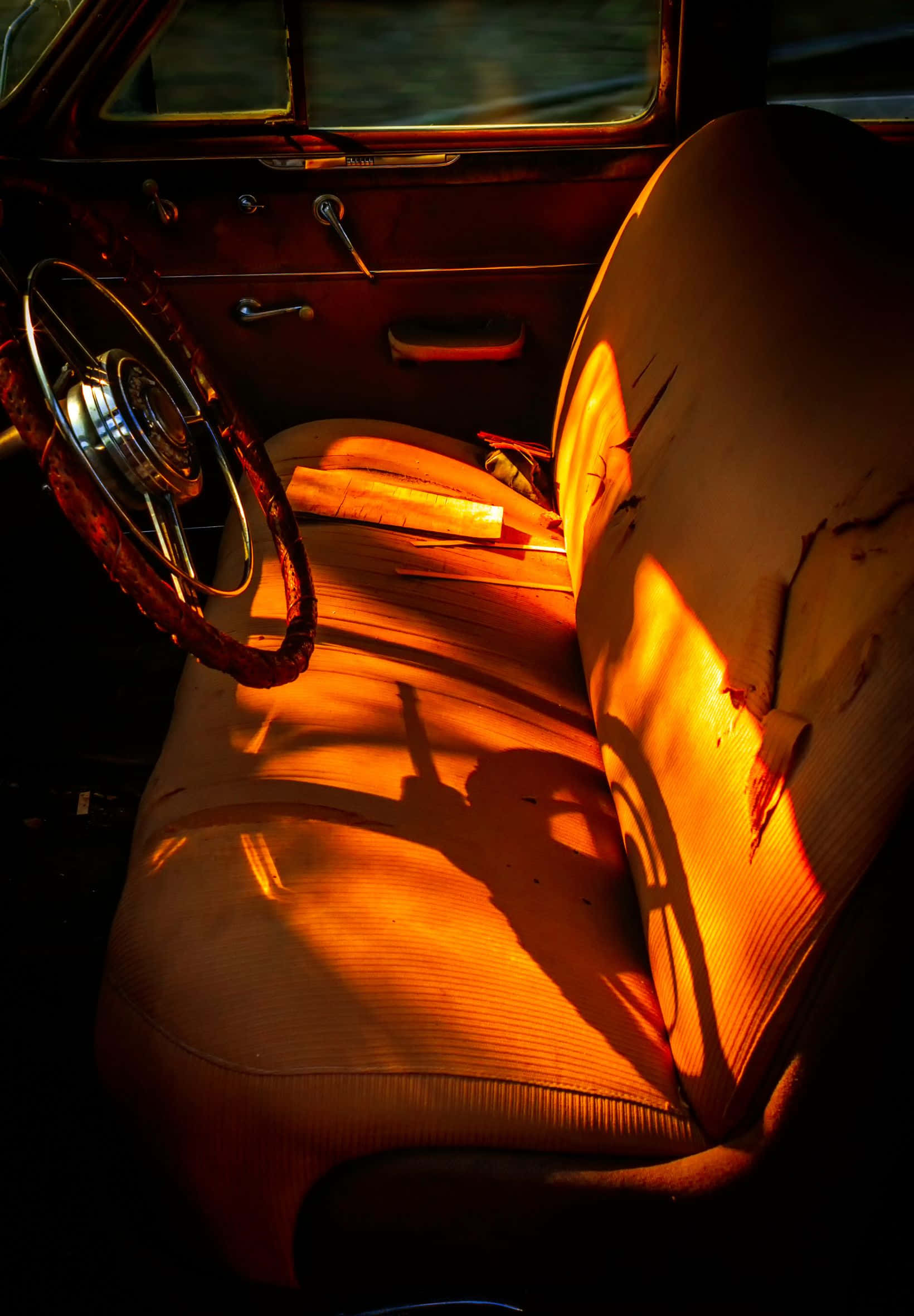 vintage car, golden sunlight, worn fabric seat, Full HD Phone Wallpaper