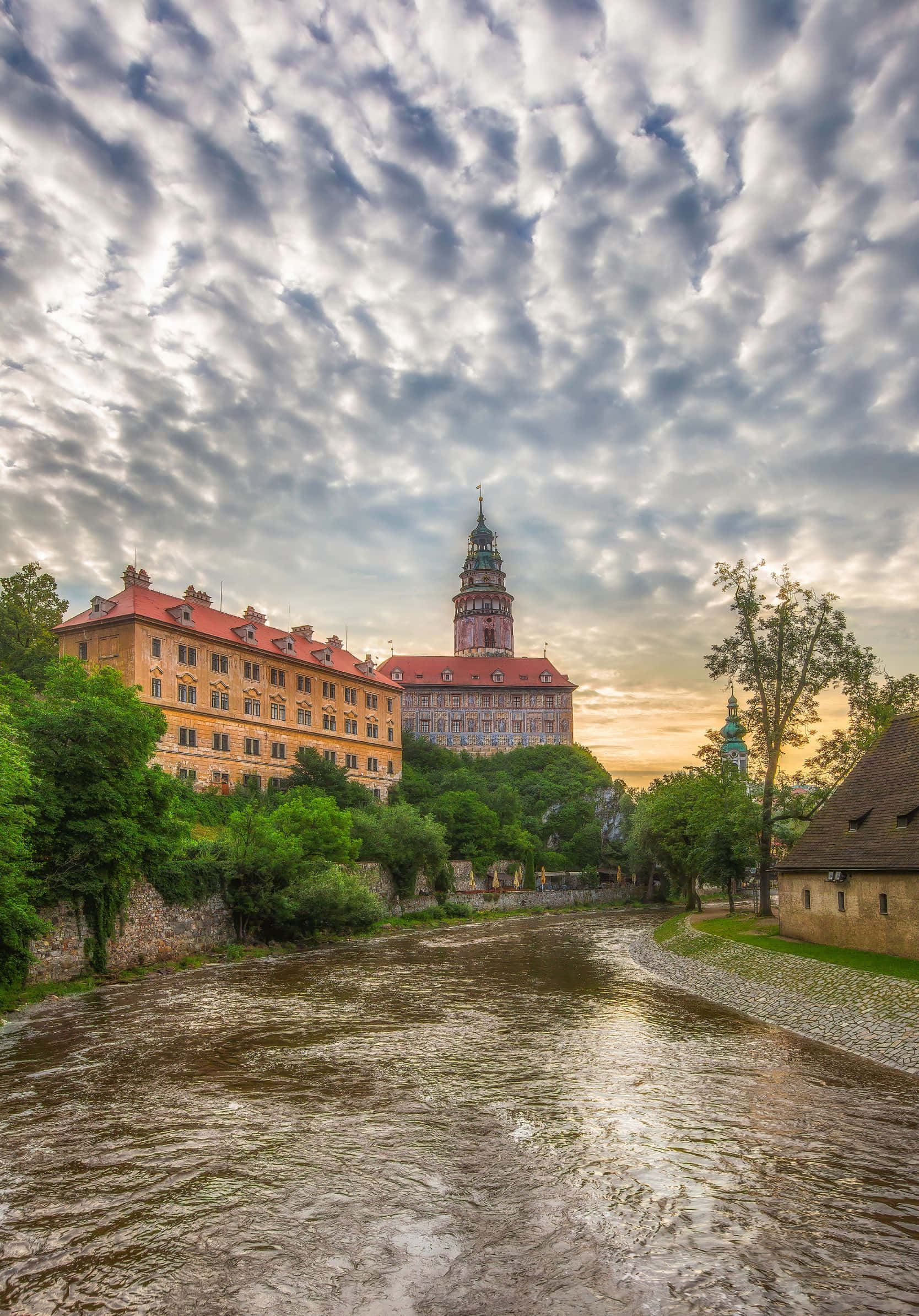 castle, river, red roofs, Full HD Phone Wallpaper