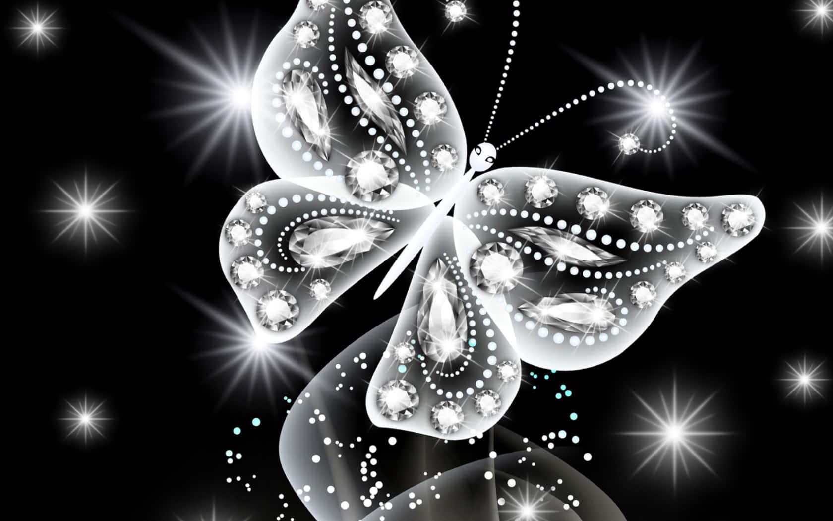 diamond-encrusted butterfly, starburst black background, sparkling trails, HD Desktop Wallpaper