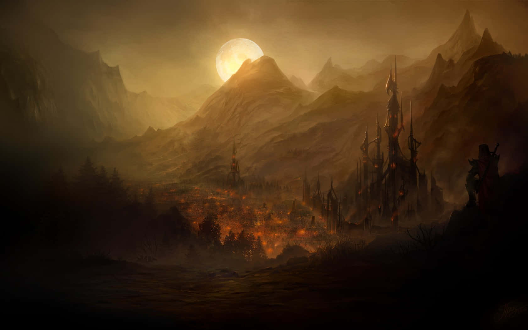 1680x1050, dark fantasy castle, misty mountains, HD Desktop Wallpaper