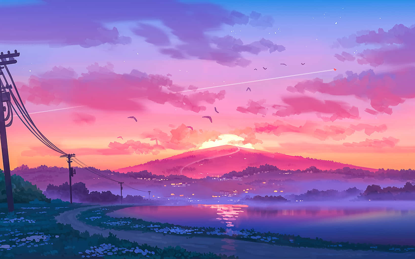 1680x1050, anime-style sunset, misty lake, HD Desktop Wallpaper