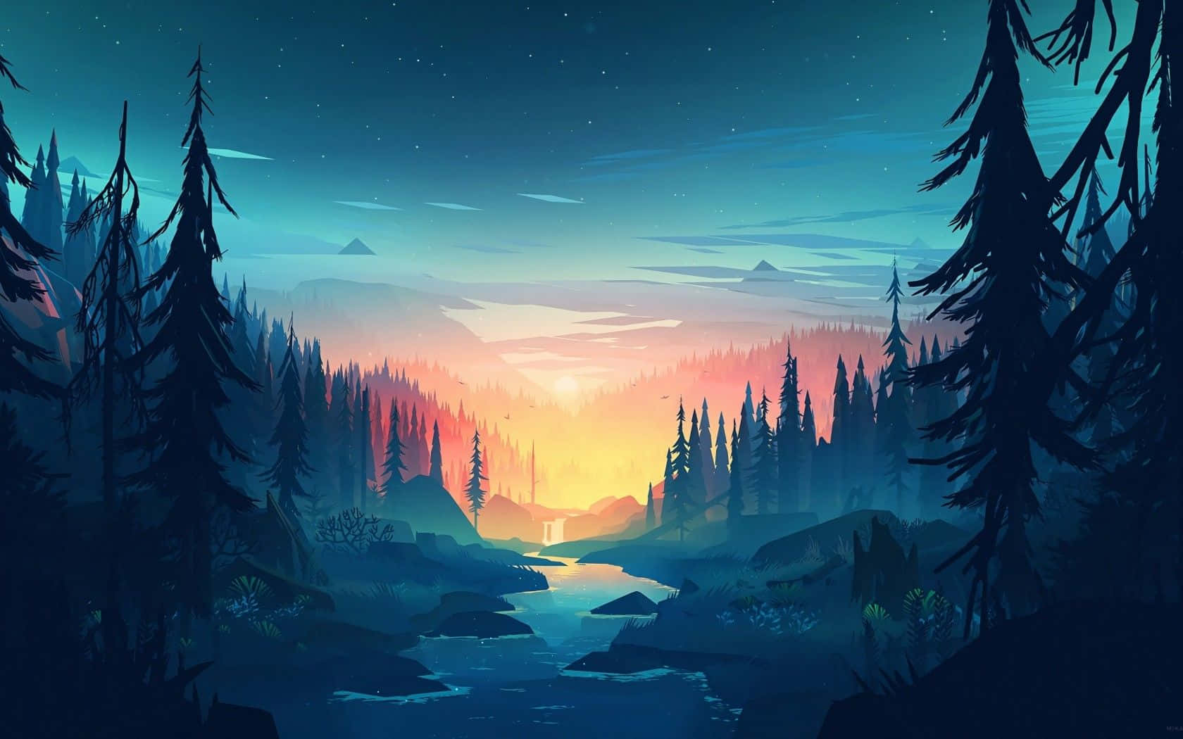 1680x1050, twilight forest, glowing river, HD Desktop Wallpaper