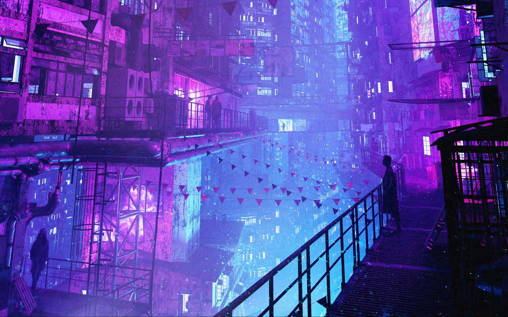 neon-lit urban walkway, cyberpunk buildings, glowing purple, HD Desktop Wallpaper
