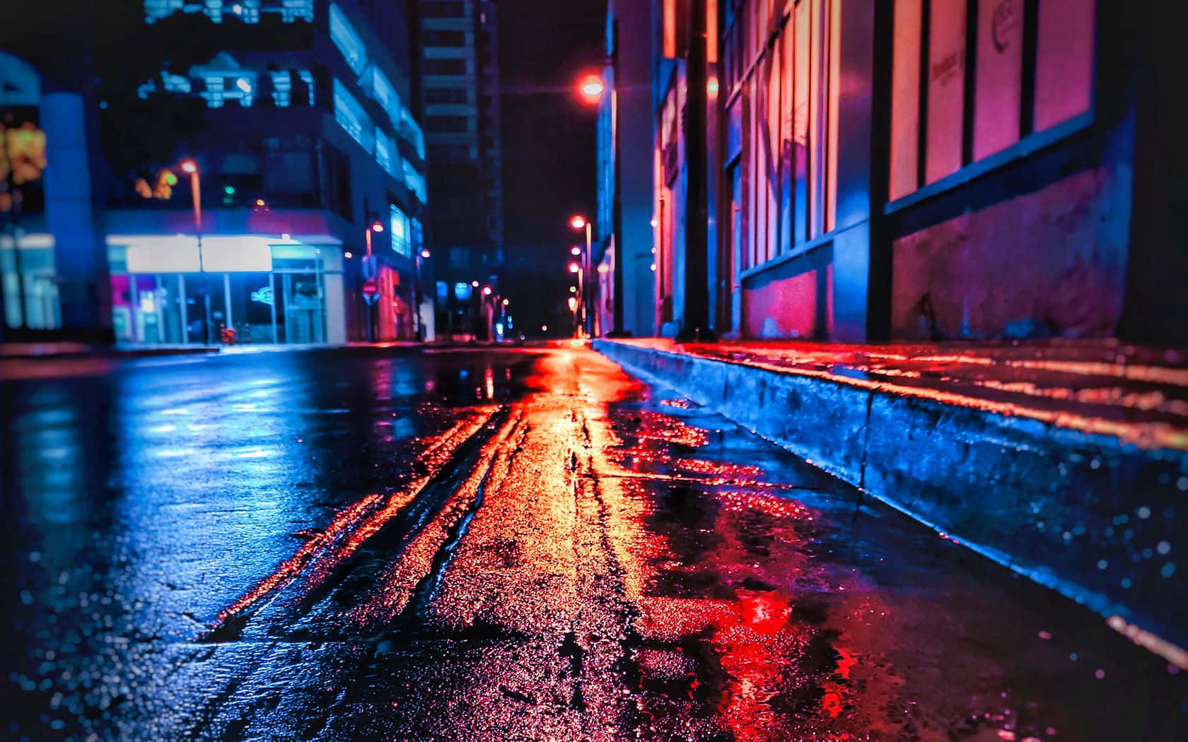 neon-lit urban street, wet pavement, vibrant red and blue lights, HD Desktop Wallpaper
