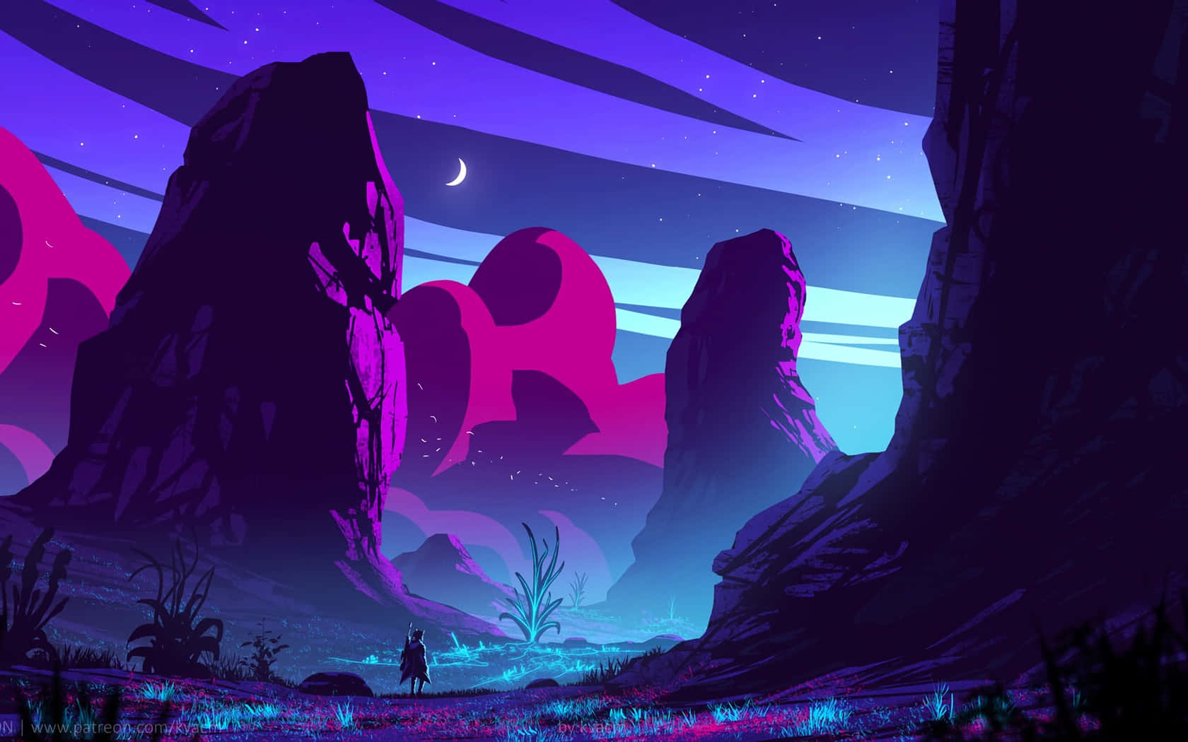 1680x1050, crescent moon, glowing pink and blue flora, HD Desktop Wallpaper
