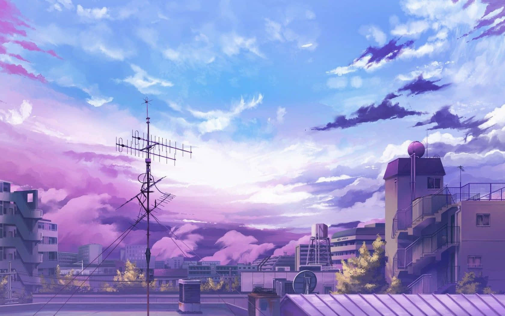 1680x1050, anime rooftop scene, purple and blue twilight hues, HD Desktop Wallpaper