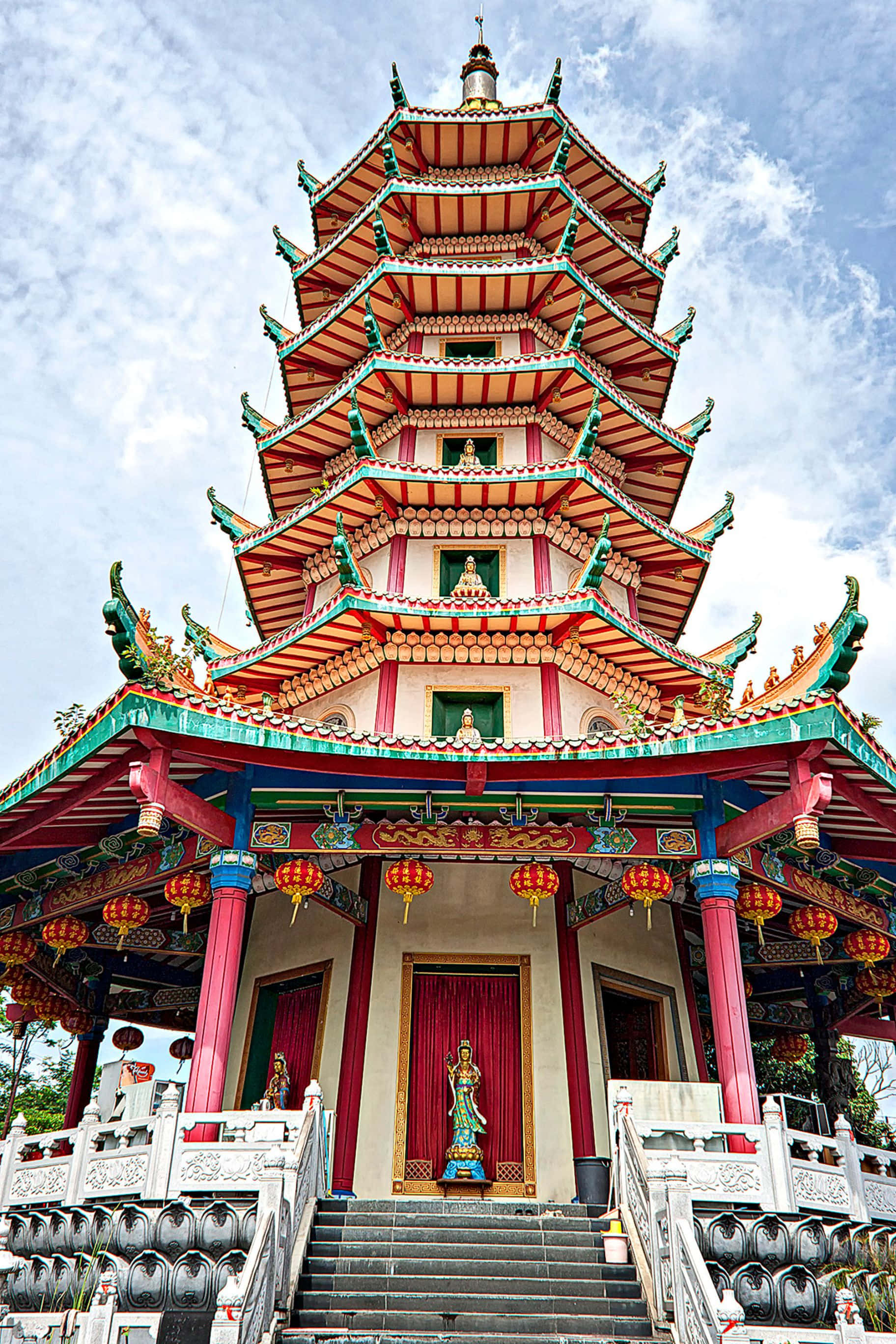 1824x2736, multi-tiered pagoda, red green and gold accents, 2K Phone Wallpaper