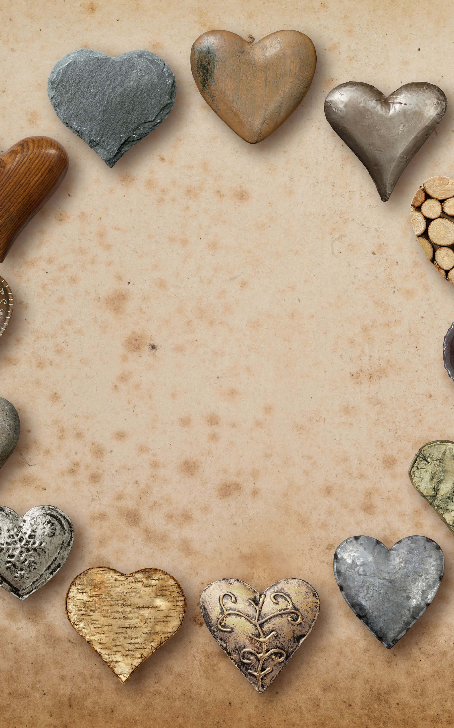 1848x2960, rustic circular frame, heart-shaped objects, 2K Phone Wallpaper