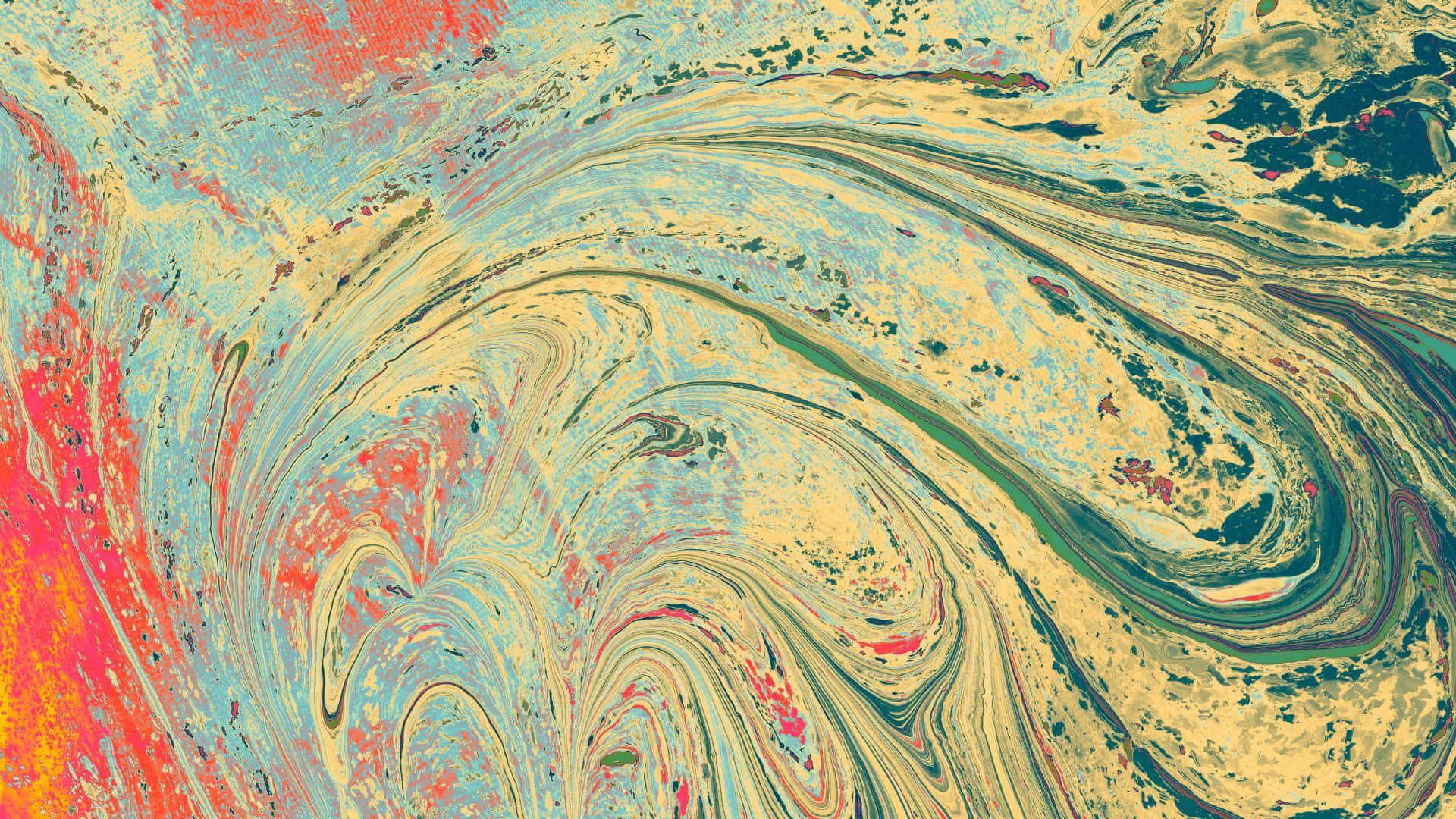 1920 x 1080 abstract, vibrant swirling abstract pattern, bold reds yellows and teal blues, Full HD Desktop Wallpaper