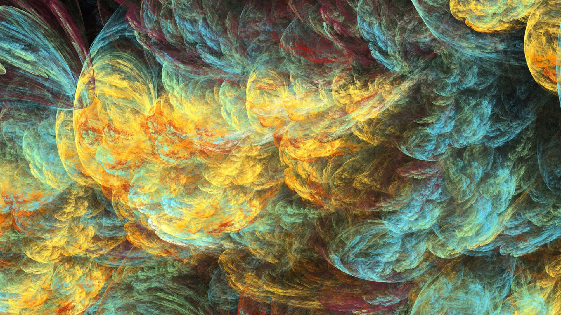 blue and white colors, vibrant swirling fractal clouds, fiery yellows, Full HD Desktop Wallpaper