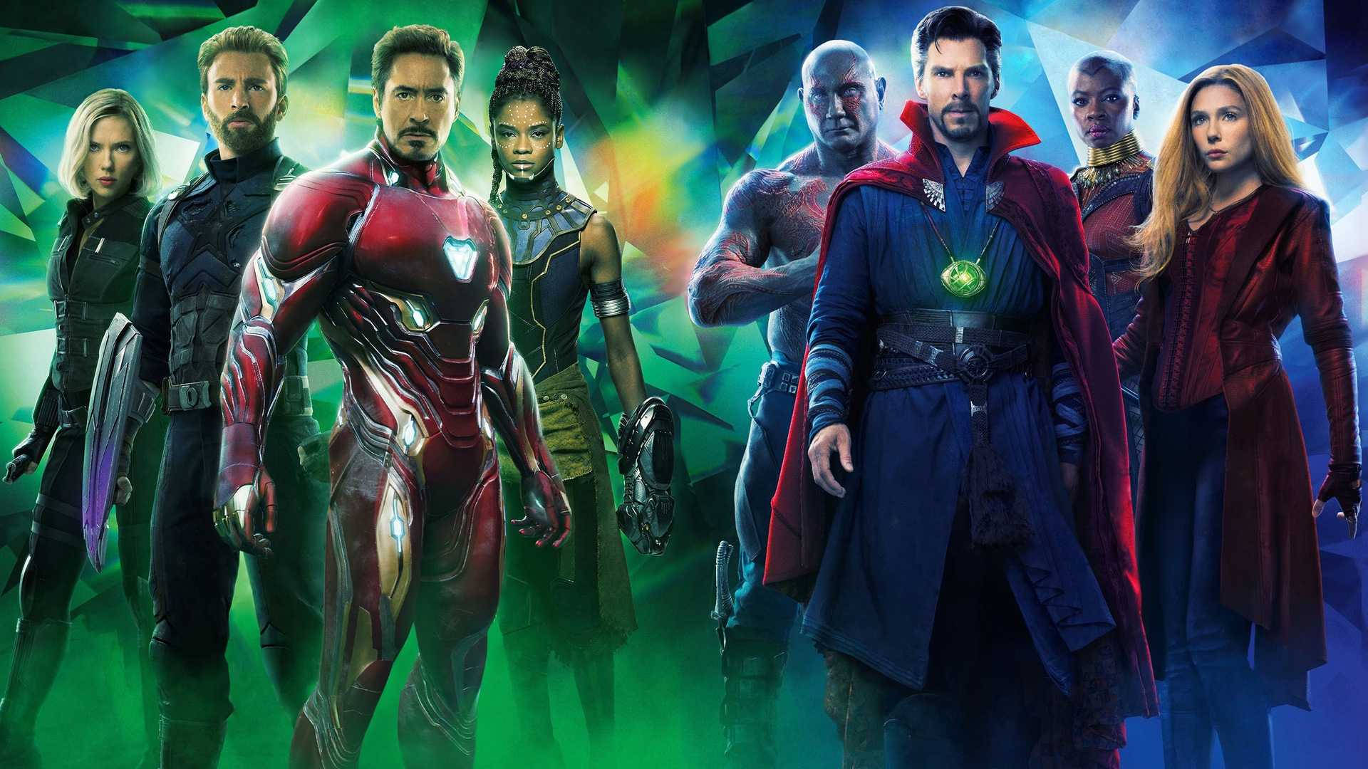 1920 X 1080 Avengers, superhero team, vibrant green and blue geometric energy background, Full HD Desktop Wallpaper