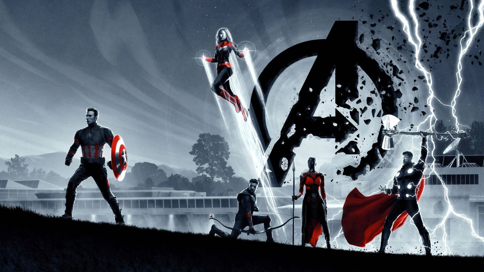 Avengers, shattered team logo, stormy sky, Full HD Desktop Wallpaper