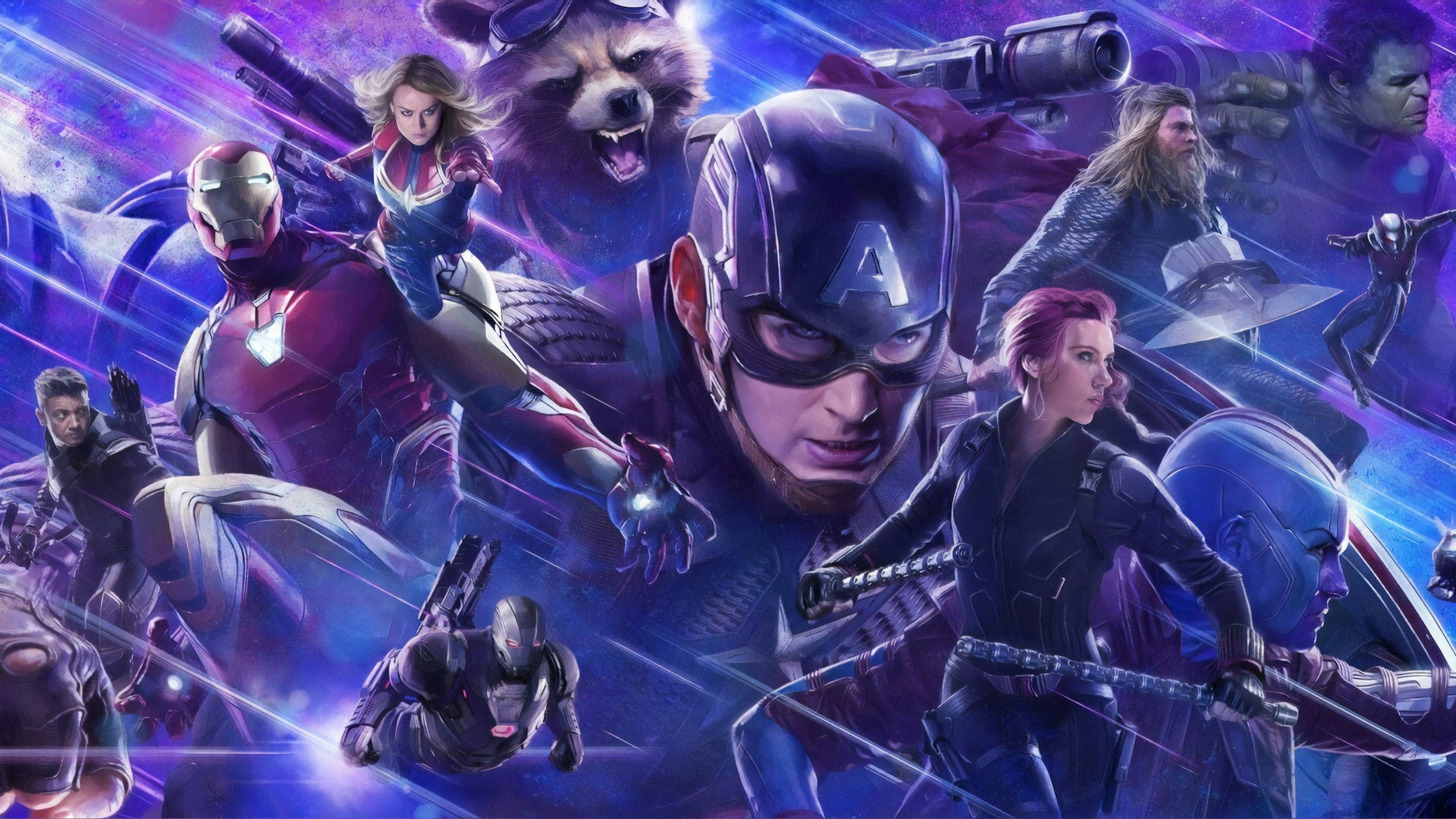 Avengers, cosmic purple and blue energy backdrop, glowing effects, Full HD Desktop Wallpaper