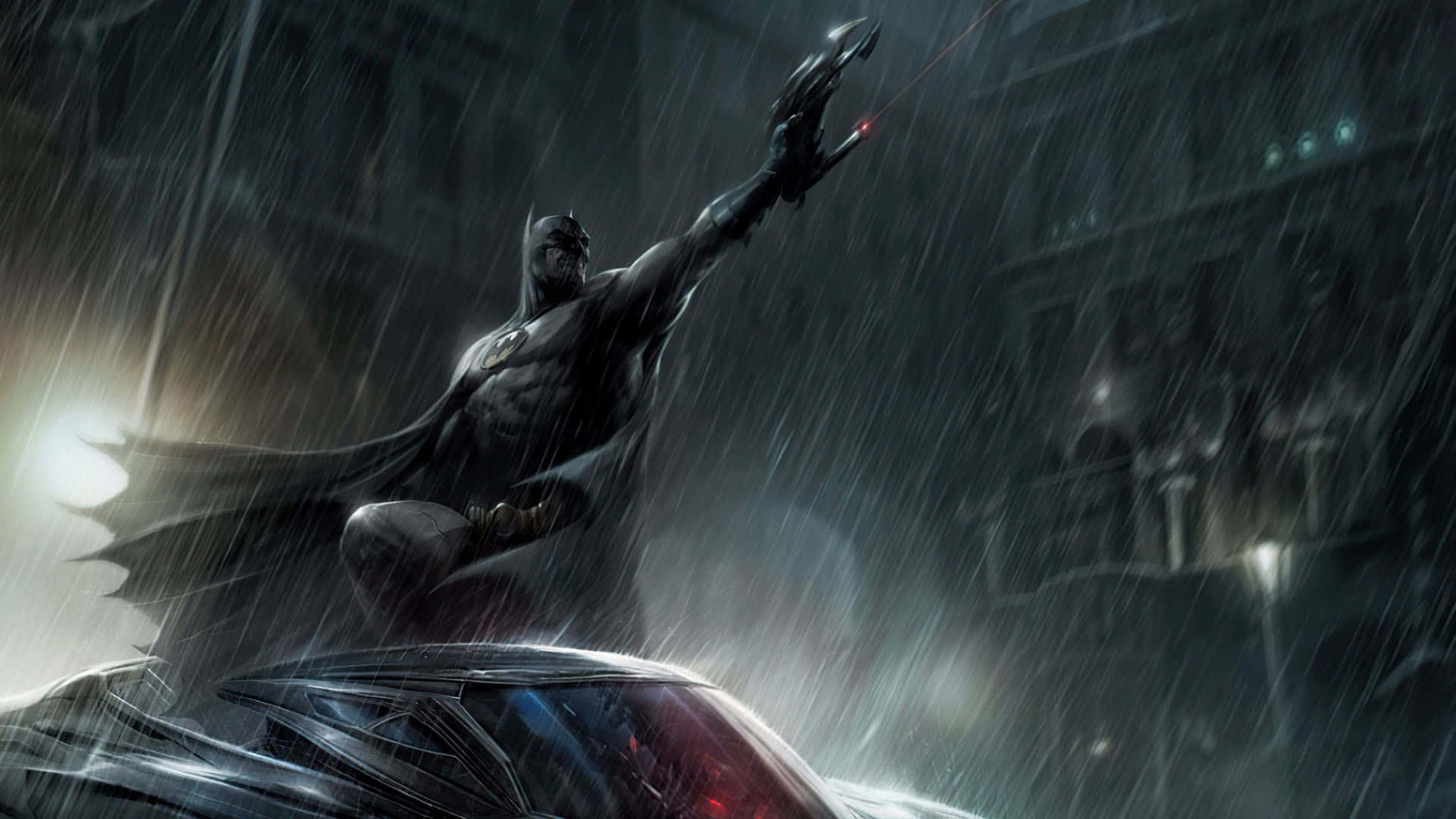 Batman, grappling hook, rain-soaked cityscape, Full HD Desktop Wallpaper
