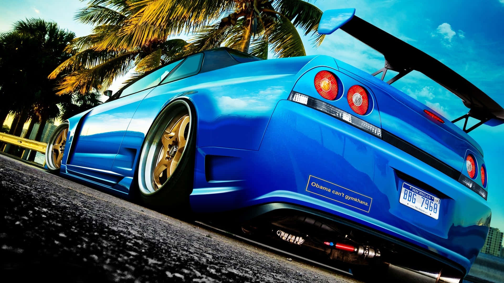 vibrant blue sports car, gold rims, palm trees, Full HD Desktop Wallpaper