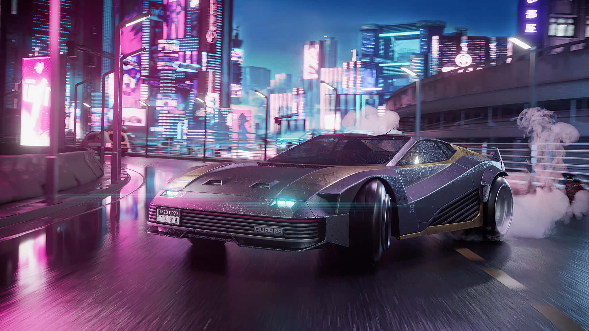 futuristic sports car, neon-drenched cyberpunk cityscape, glowing billboards, Full HD Desktop Wallpaper
